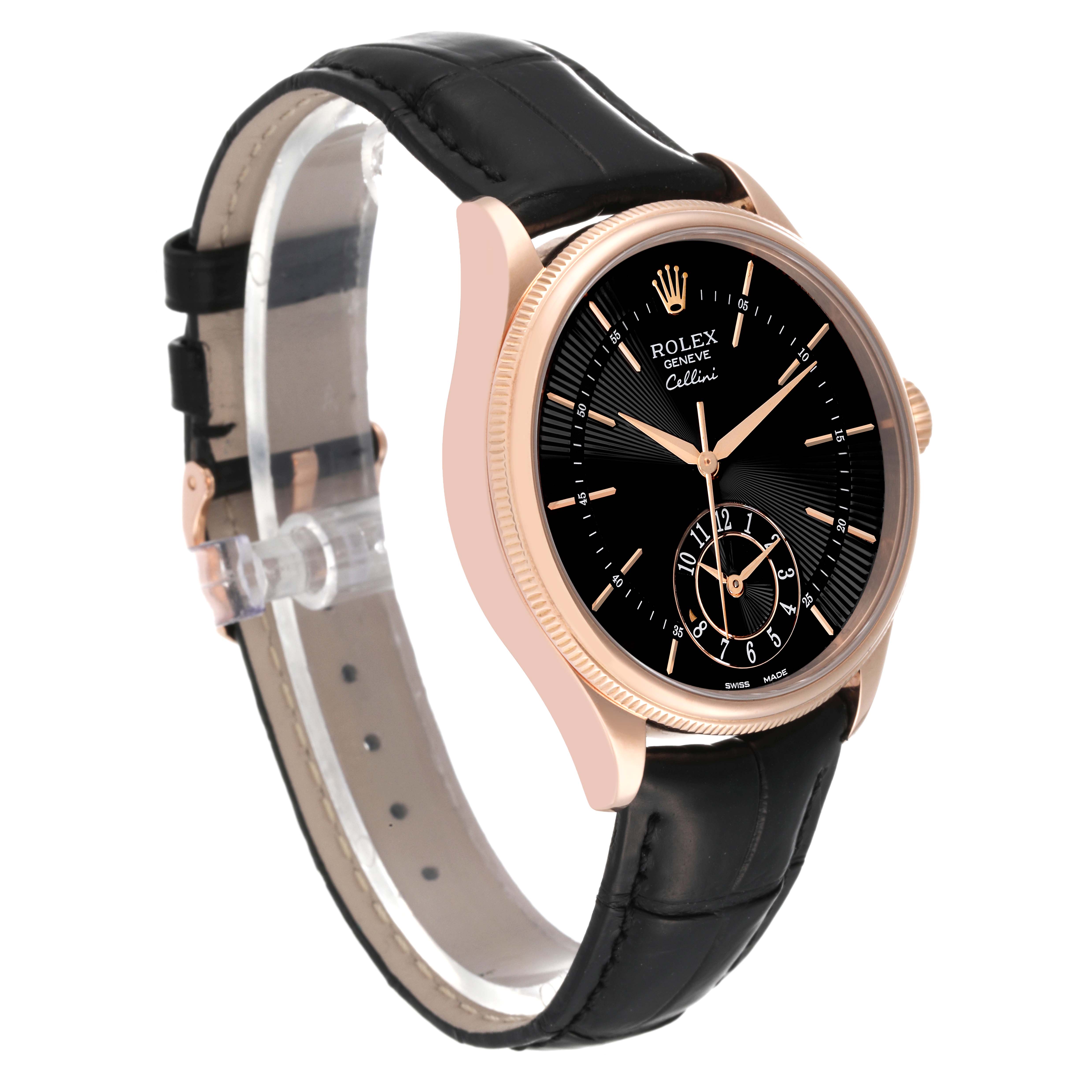 The Rolex Cellini 50525 Men's Rose Gold Black Dial 50525 Men's Rose Gold Black Dial watch is shown at a slight angle, highlighting its gold case, black dial with date subdial, and black leather strap.