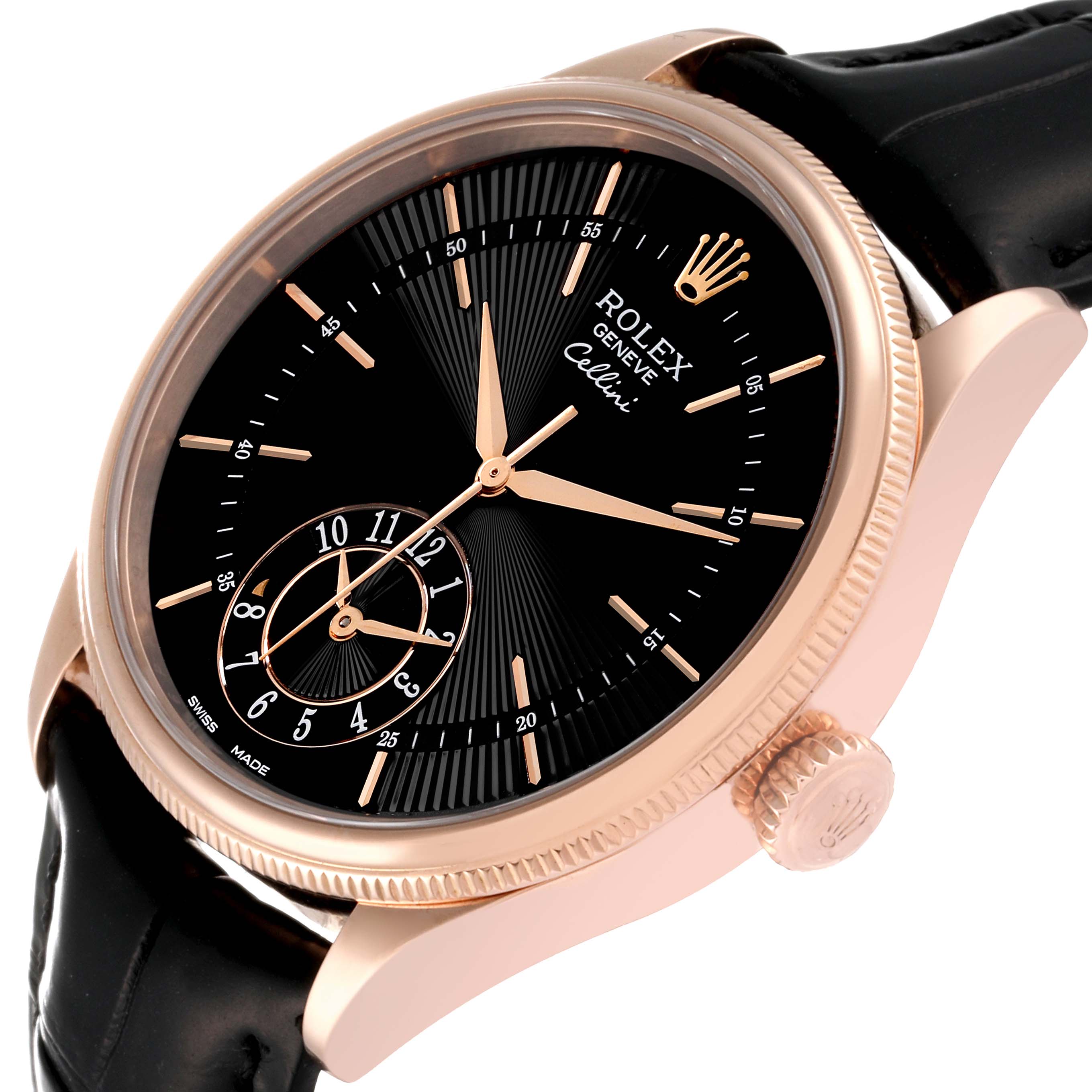 The image shows a close-up, angled view of the Rolex Cellini 50525 Men's Rose Gold Black Dial 50525 Men's Rose Gold Black Dial watch, highlighting the face, bezel, crown, and part of the strap.