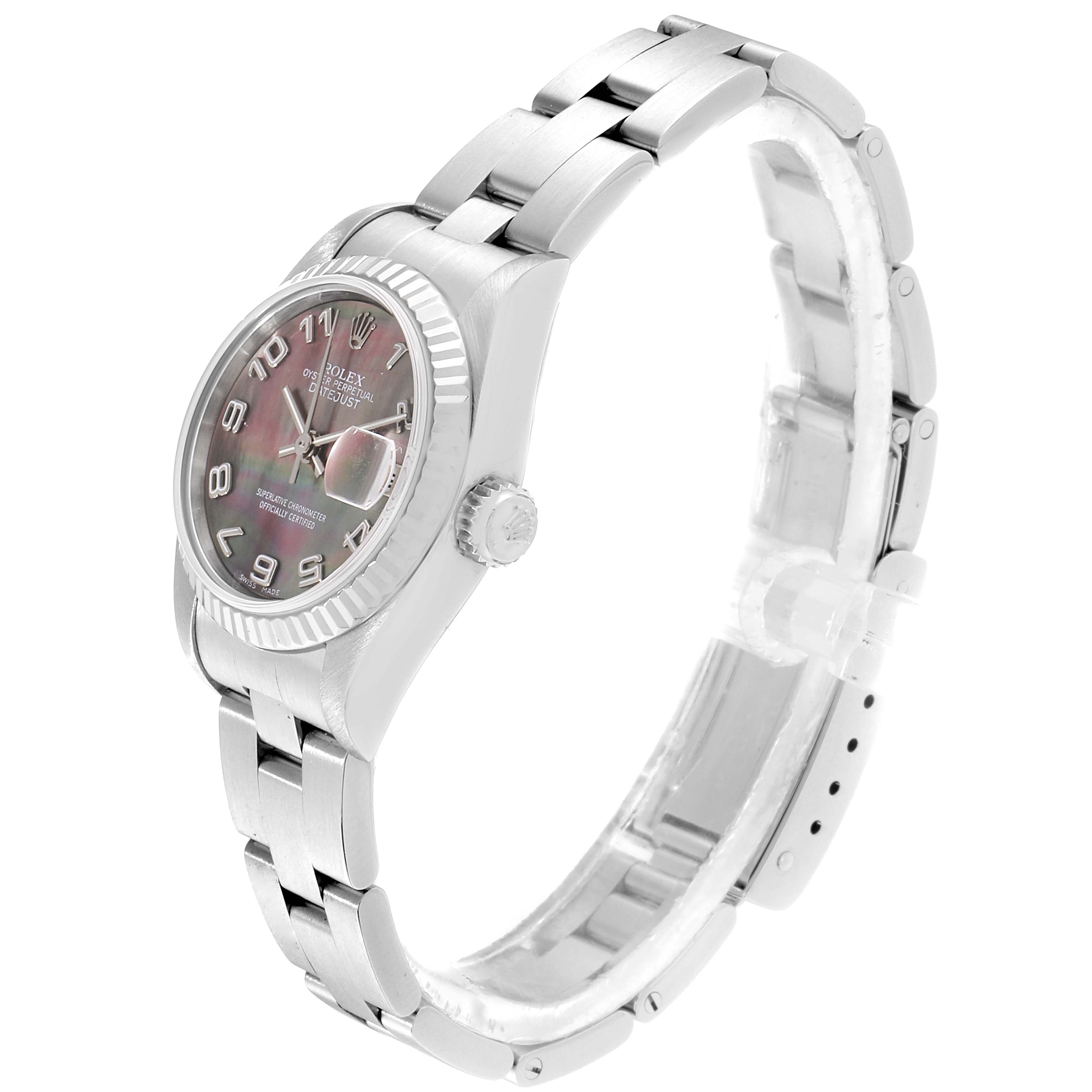 This image shows a side angle of a Rolex Datejust 79174 Women's Stainless Steel Mother of Pearl Dial 79174 Women's Stainless Steel Mother of Pearl Dial watch highlighting the face, bezel, crown, and bracelet.