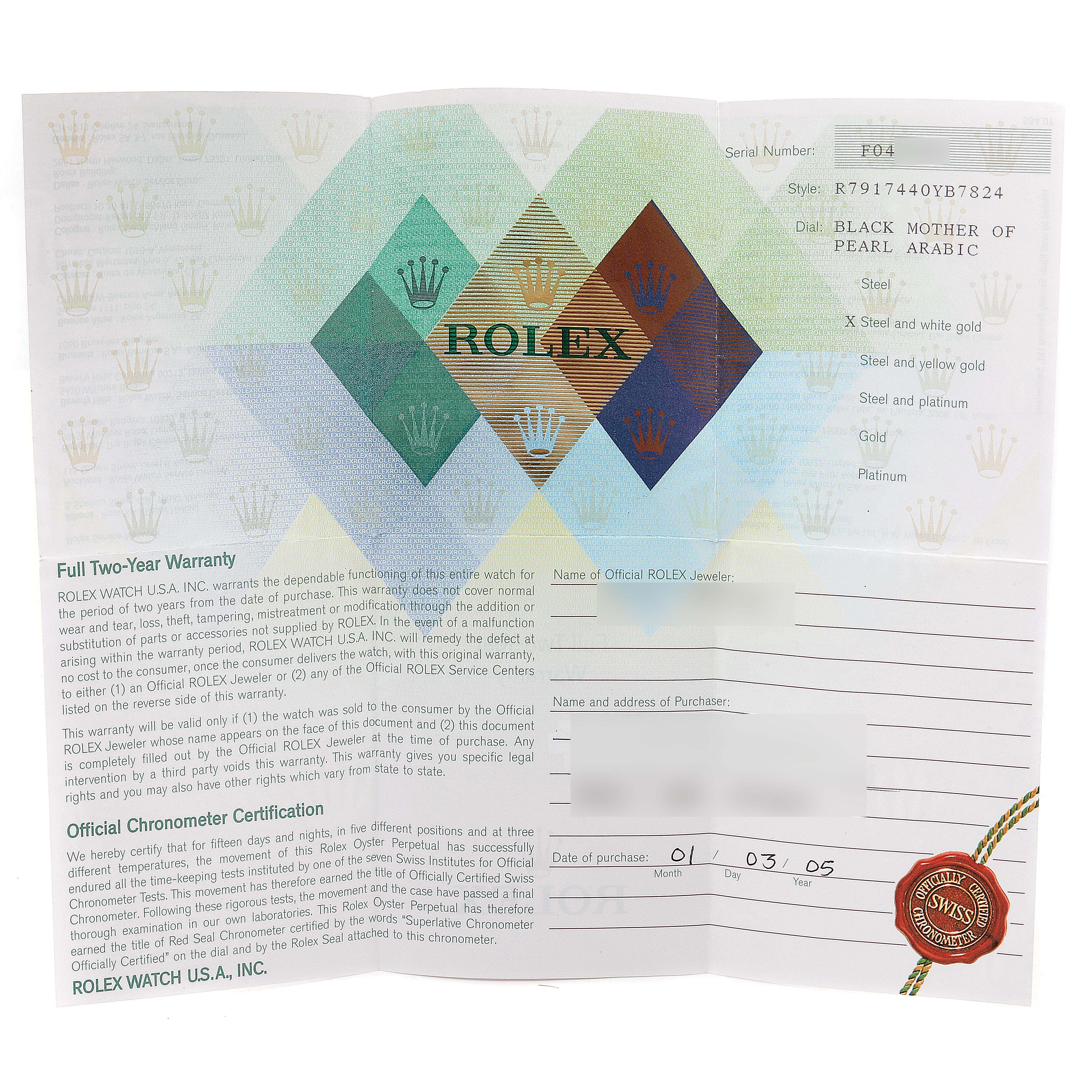The image shows the warranty card and chronometer certification documentation for a Rolex Datejust 79174 Women's Stainless Steel Mother of Pearl Dial 79174 Women's Stainless Steel Mother of Pearl Dial watch.