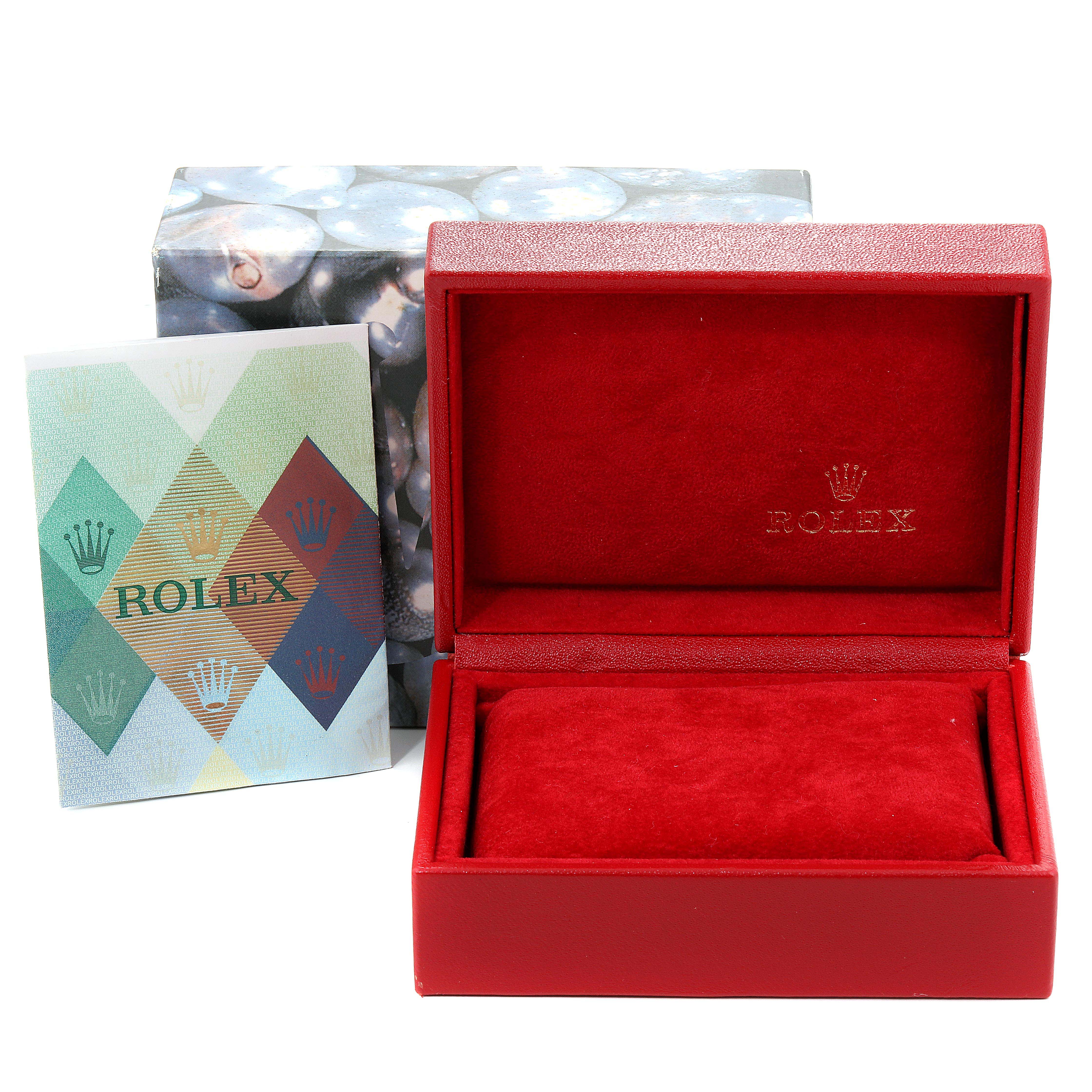 The image shows a Rolex Datejust 79174 Women's Stainless Steel Mother of Pearl Dial 79174 Women's Stainless Steel Mother of Pearl Dial box, an outer box, and a booklet, all positioned from a frontal angle.