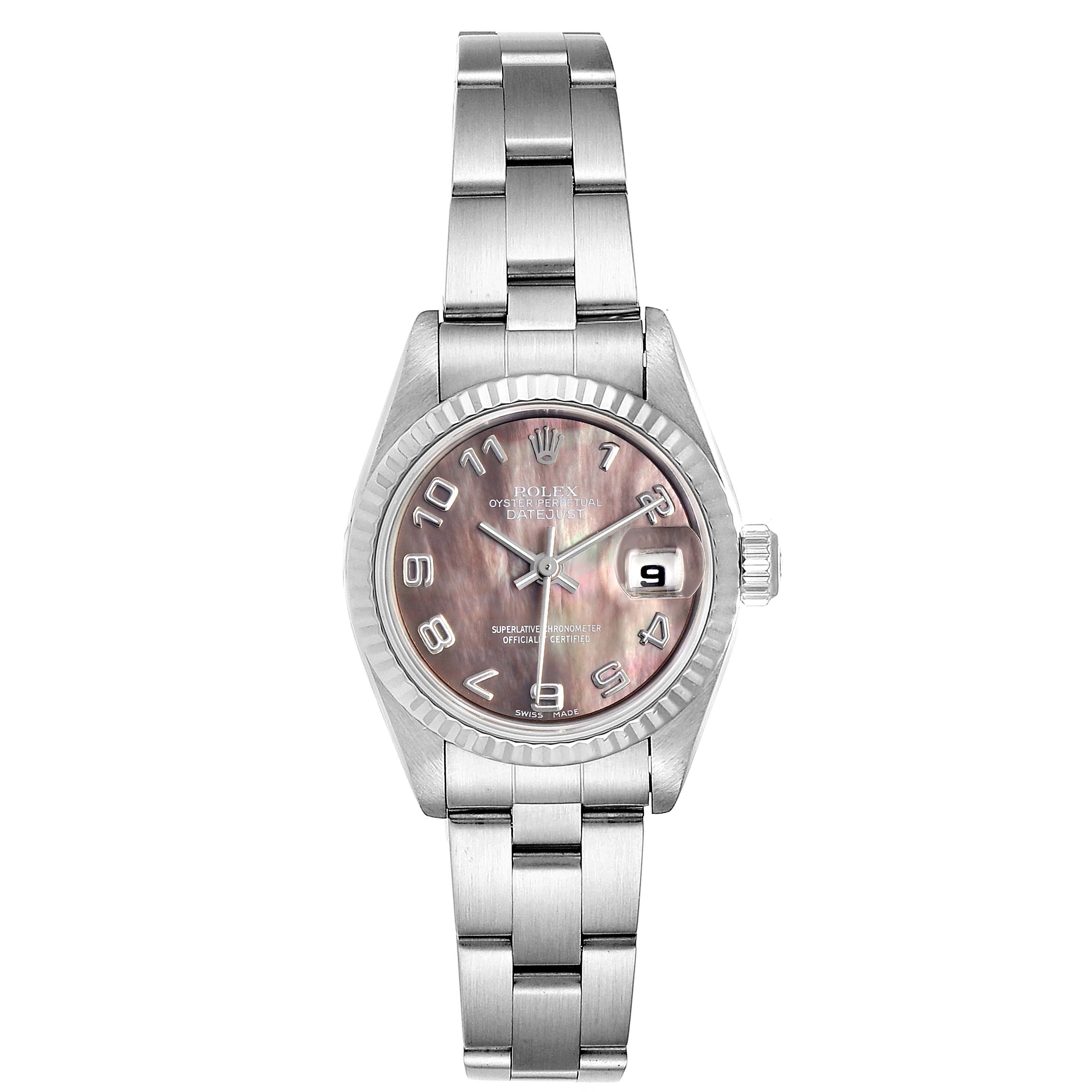 This Rolex Datejust 79174 Women's Stainless Steel Mother of Pearl Dial 79174 Women's Stainless Steel Mother of Pearl Dial watch is shown from a top-down angle, revealing the face, bezel, bracelet, and crown.