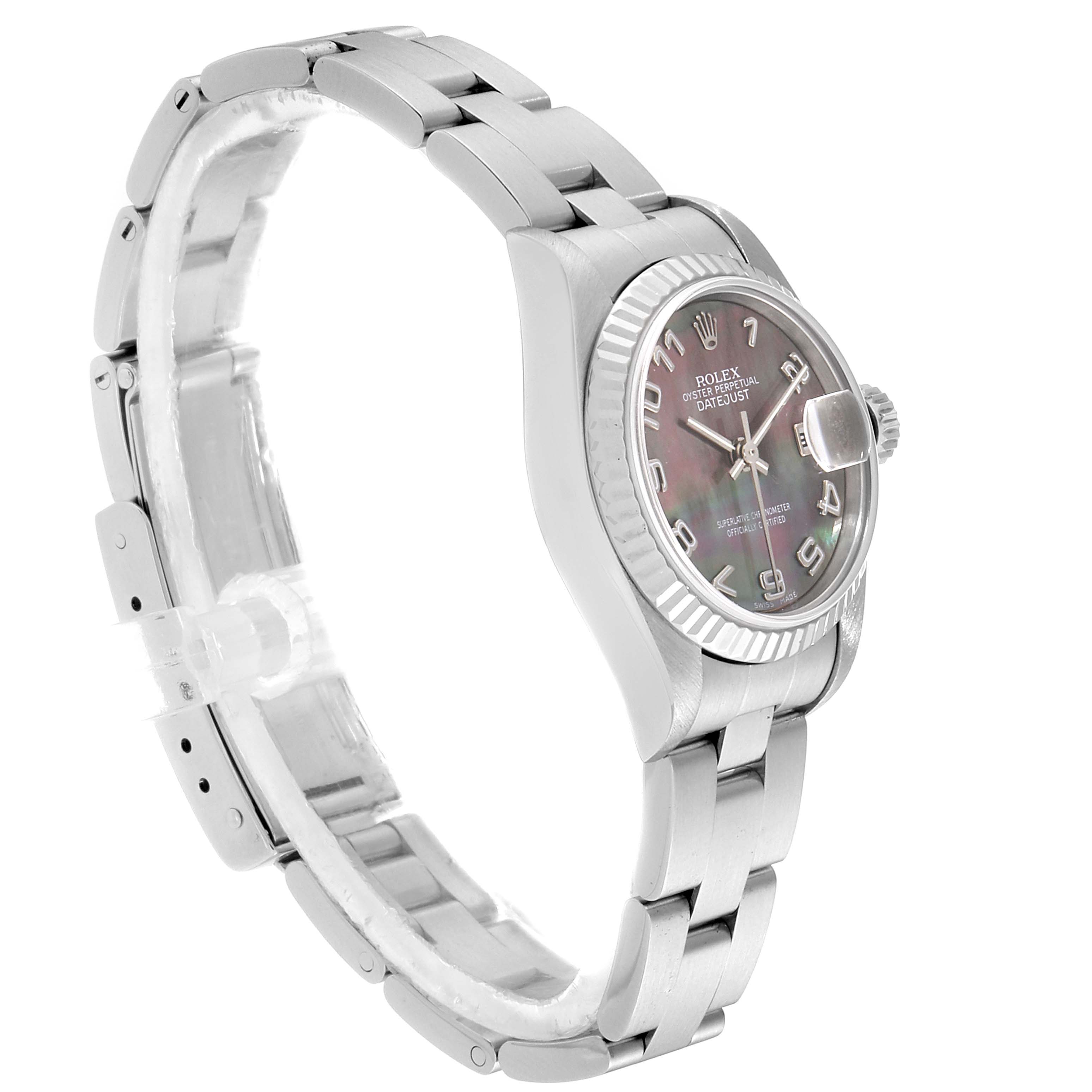 This image shows a Rolex Datejust 79174 Women's Stainless Steel Mother of Pearl Dial 79174 Women's Stainless Steel Mother of Pearl Dial watch from a side angle, highlighting the face, bezel, and bracelet.