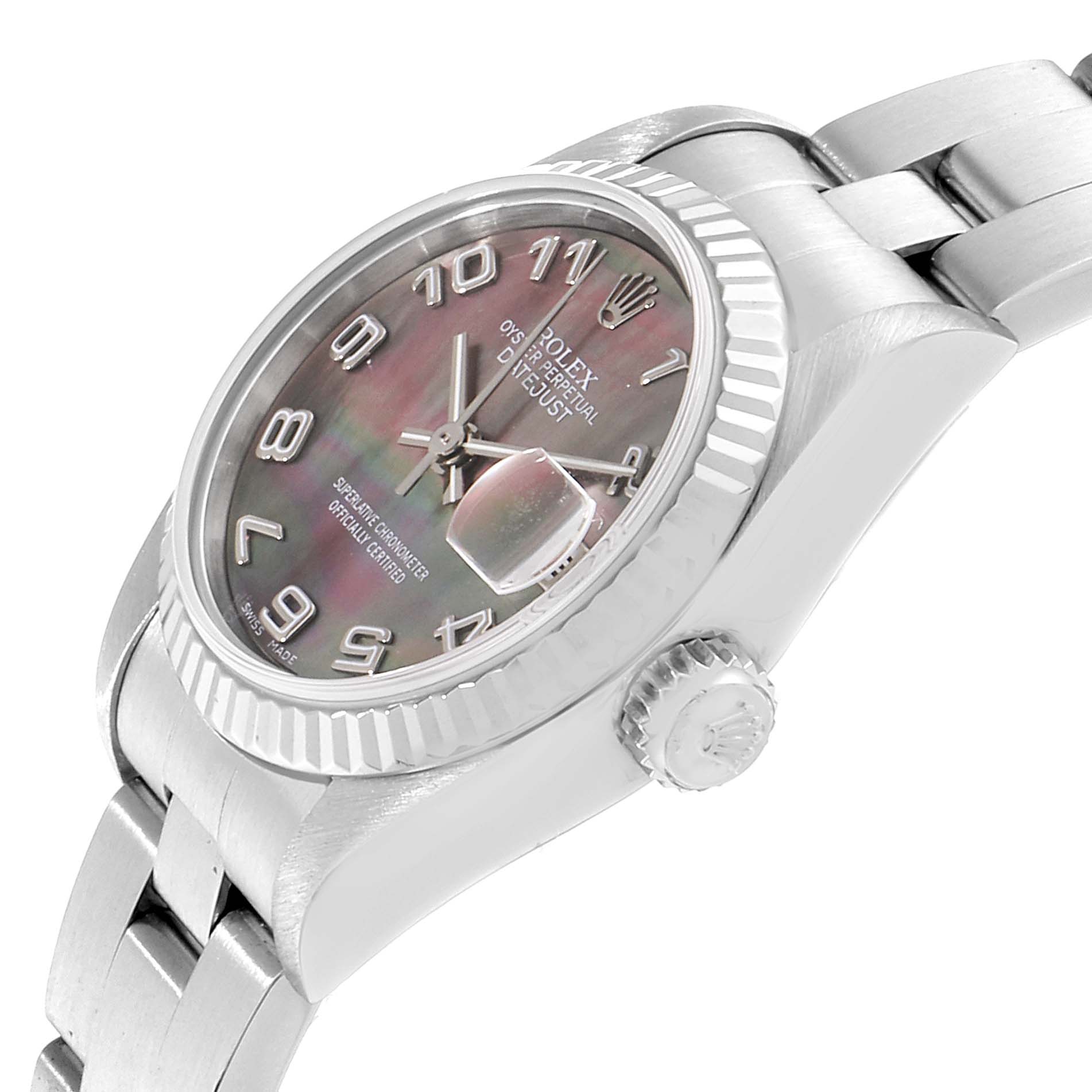 The image shows a side angle view of a Rolex Datejust 79174 Women's Stainless Steel Mother of Pearl Dial 79174 Women's Stainless Steel Mother of Pearl Dial watch, highlighting its case, dial, bezel, crown, and bracelet.