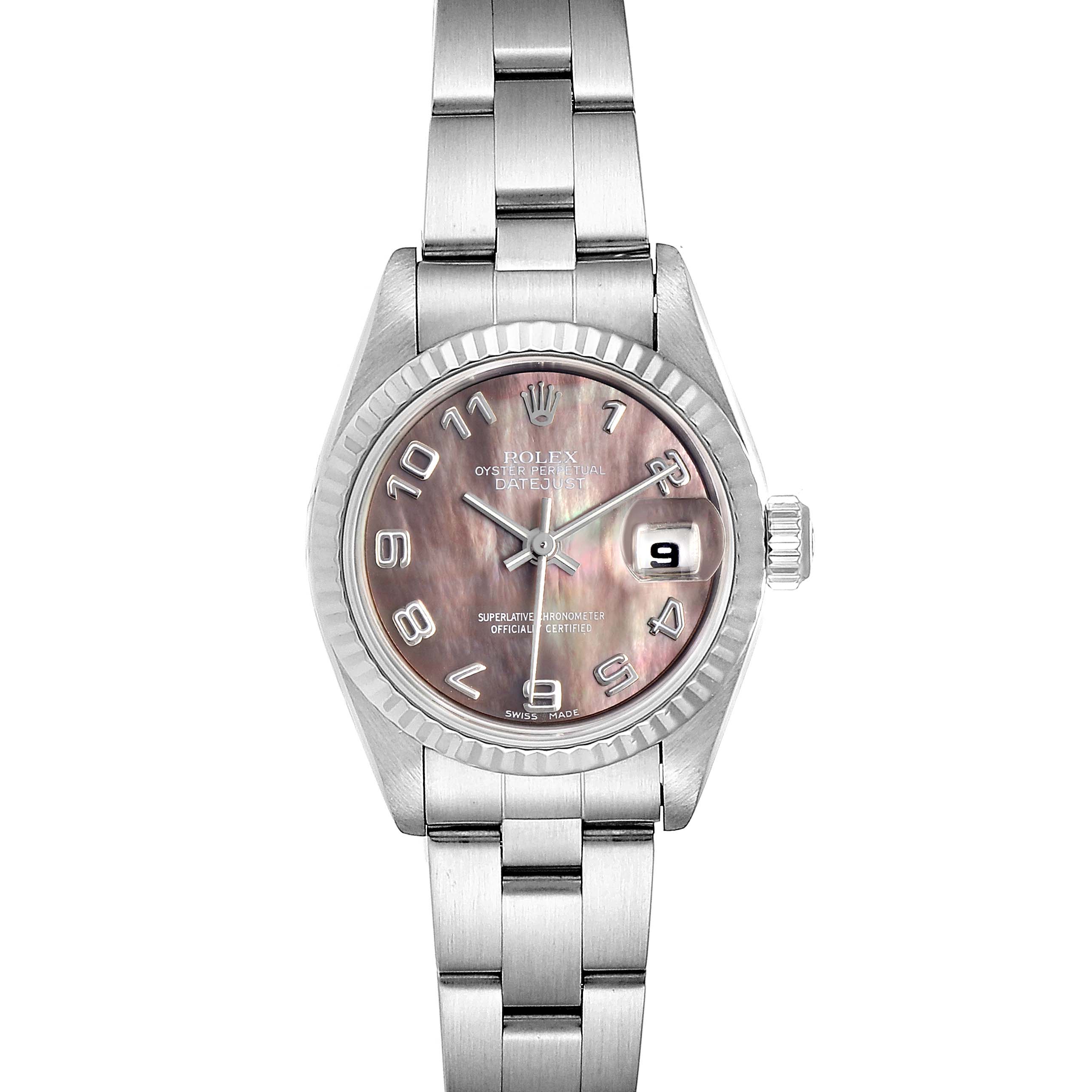 This image shows a Rolex Datejust 79174 Women's Stainless Steel Mother of Pearl Dial 79174 Women's Stainless Steel Mother of Pearl Dial watch from the front, featuring the dial, bezel, case, and part of the bracelet.
