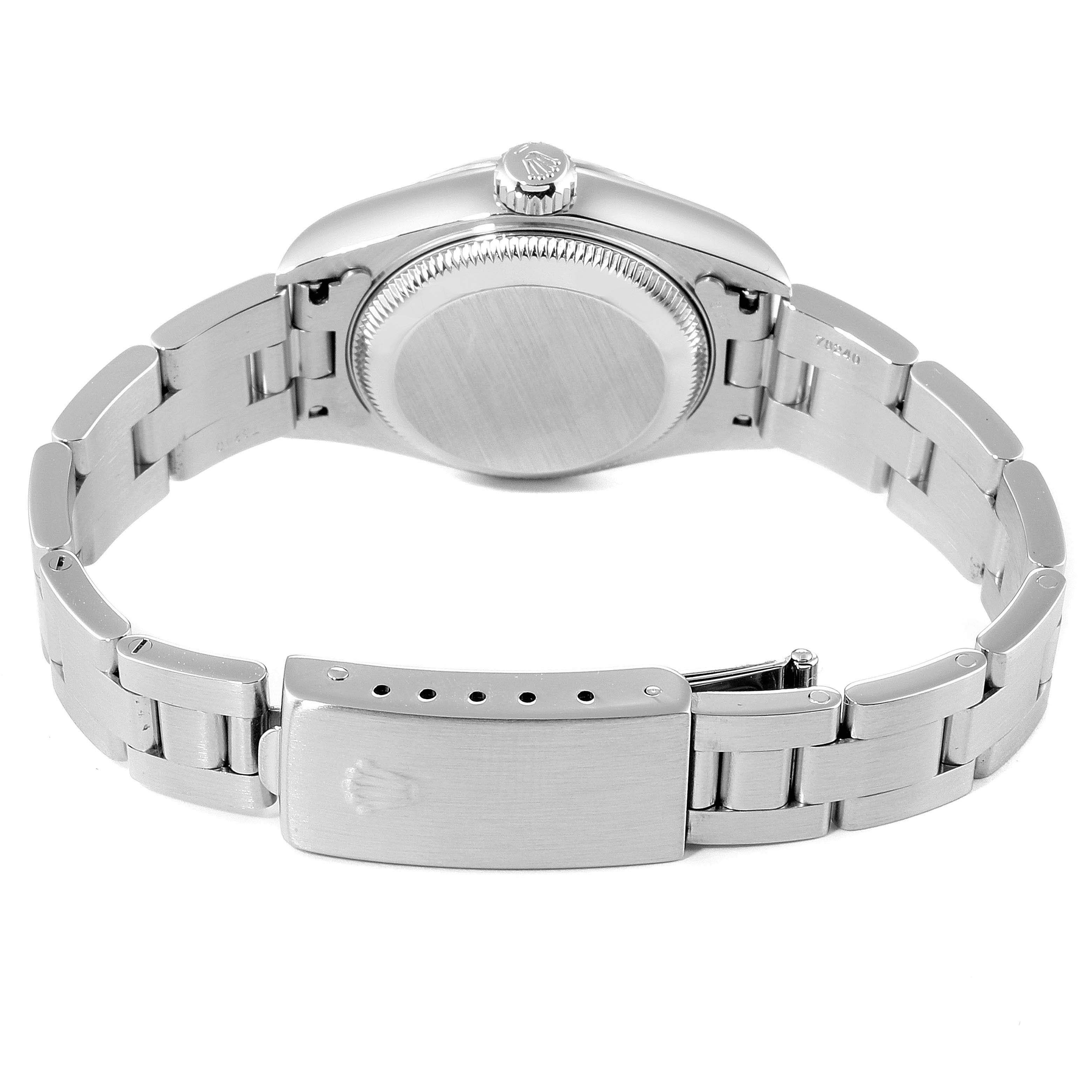 This image shows the back of a Rolex Datejust 79174 Women's Stainless Steel Mother of Pearl Dial 79174 Women's Stainless Steel Mother of Pearl Dial watch, highlighting the case back and the clasp on the bracelet.