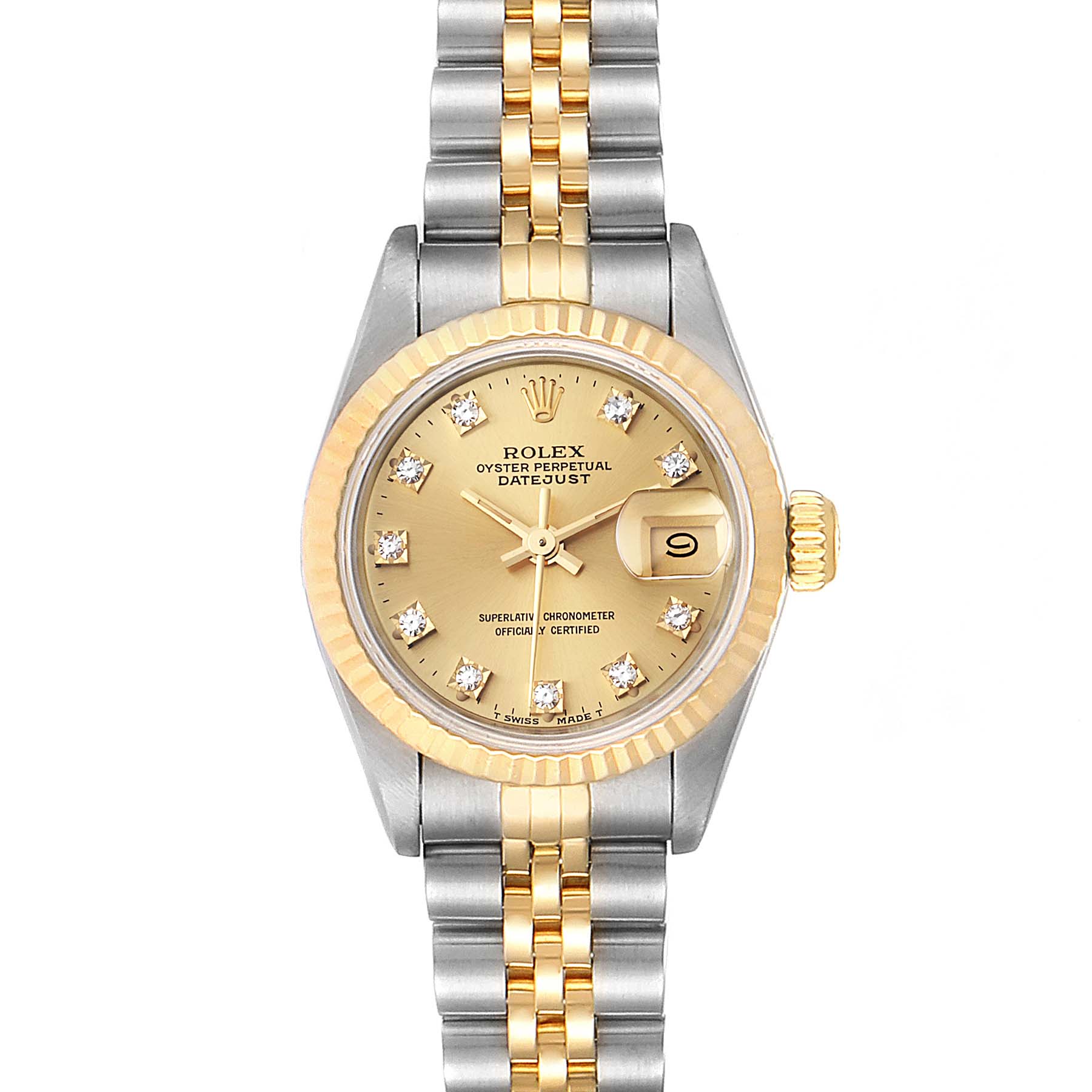 The image shows a front view of the Rolex Datejust 69173 Women's Stainless Steel Champagne Dial 69173 Women's Stainless Steel Champagne Dial watch, highlighting its gold dial, fluted bezel, and two-tone bracelet.