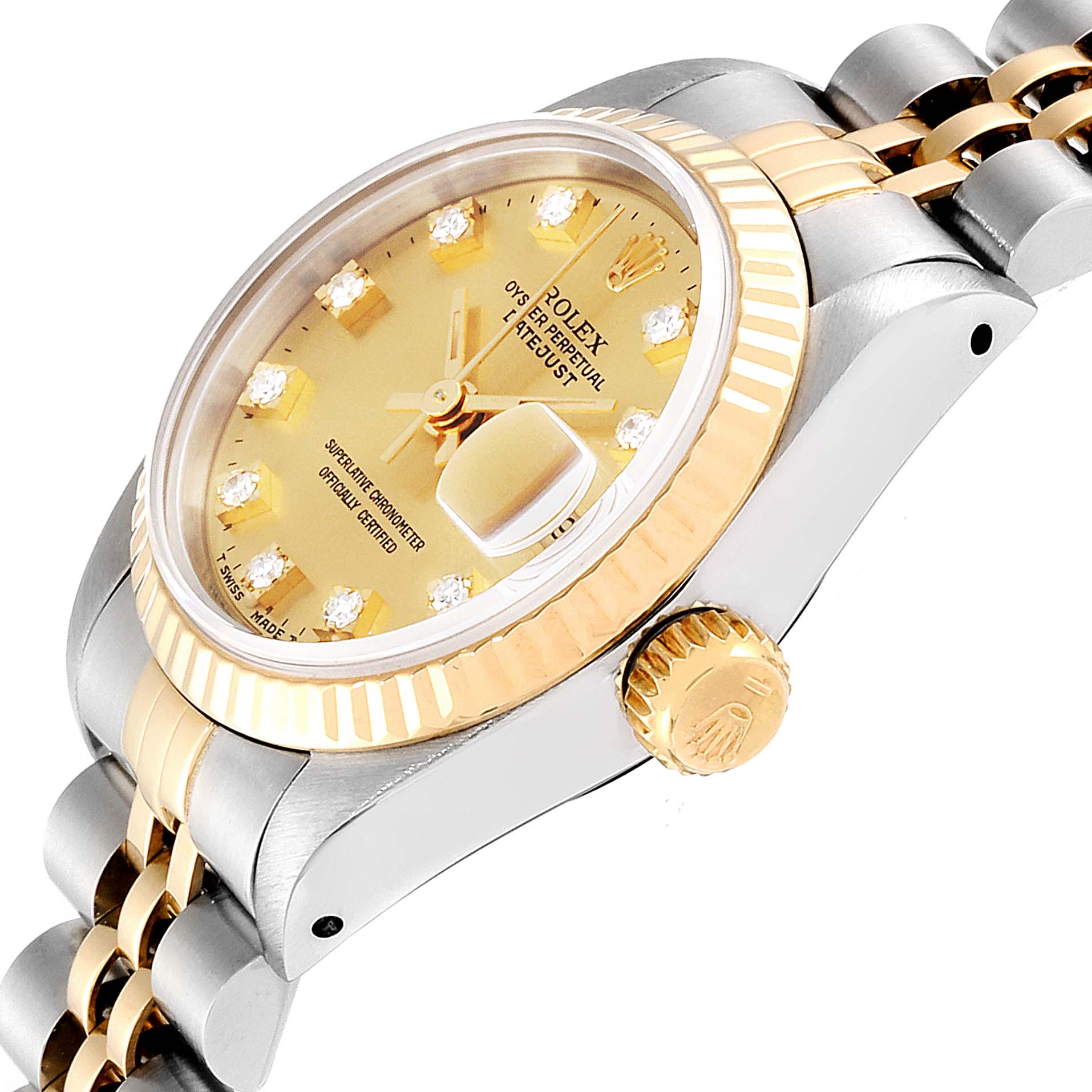 This angled view of the Rolex Datejust 69173 Women's Stainless Steel Champagne Dial 69173 Women's Stainless Steel Champagne Dial watch shows its gold bezel, champagne dial, diamond hour markers, and part of the two-tone bracelet.