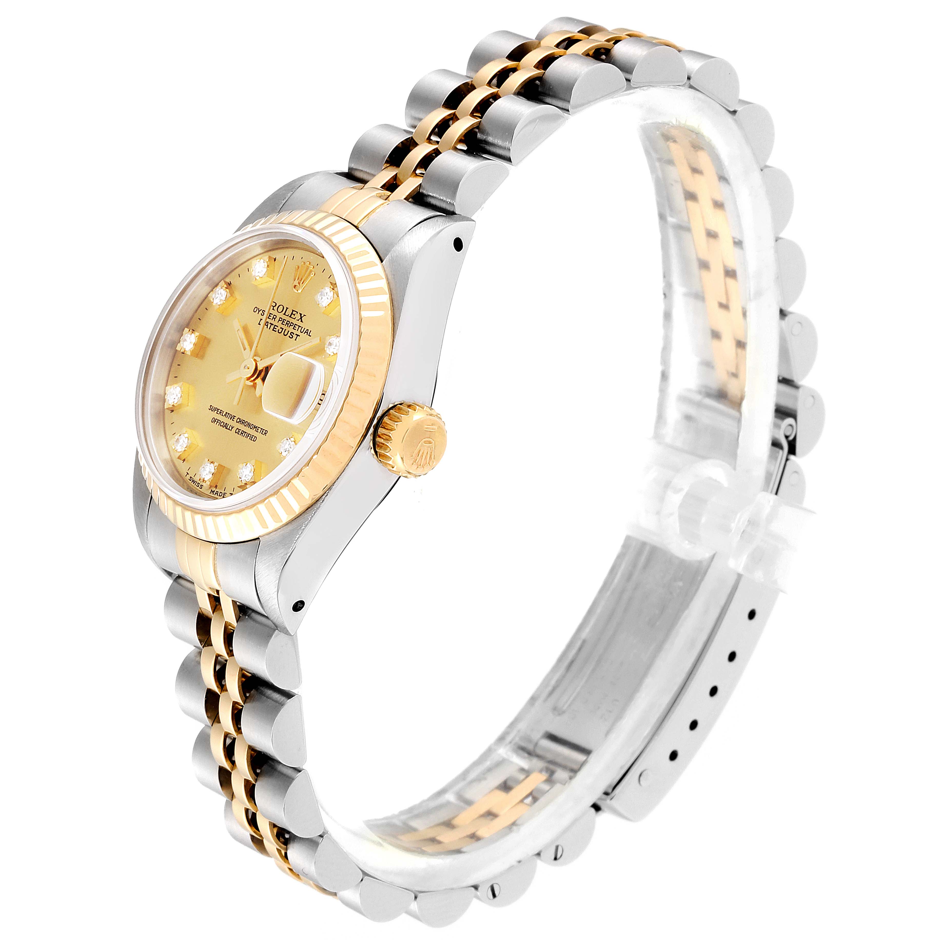 This image shows a side view of a Rolex Datejust 69173 Women's Stainless Steel Champagne Dial 69173 Women's Stainless Steel Champagne Dial watch, highlighting the dial, crown, and bracelet.