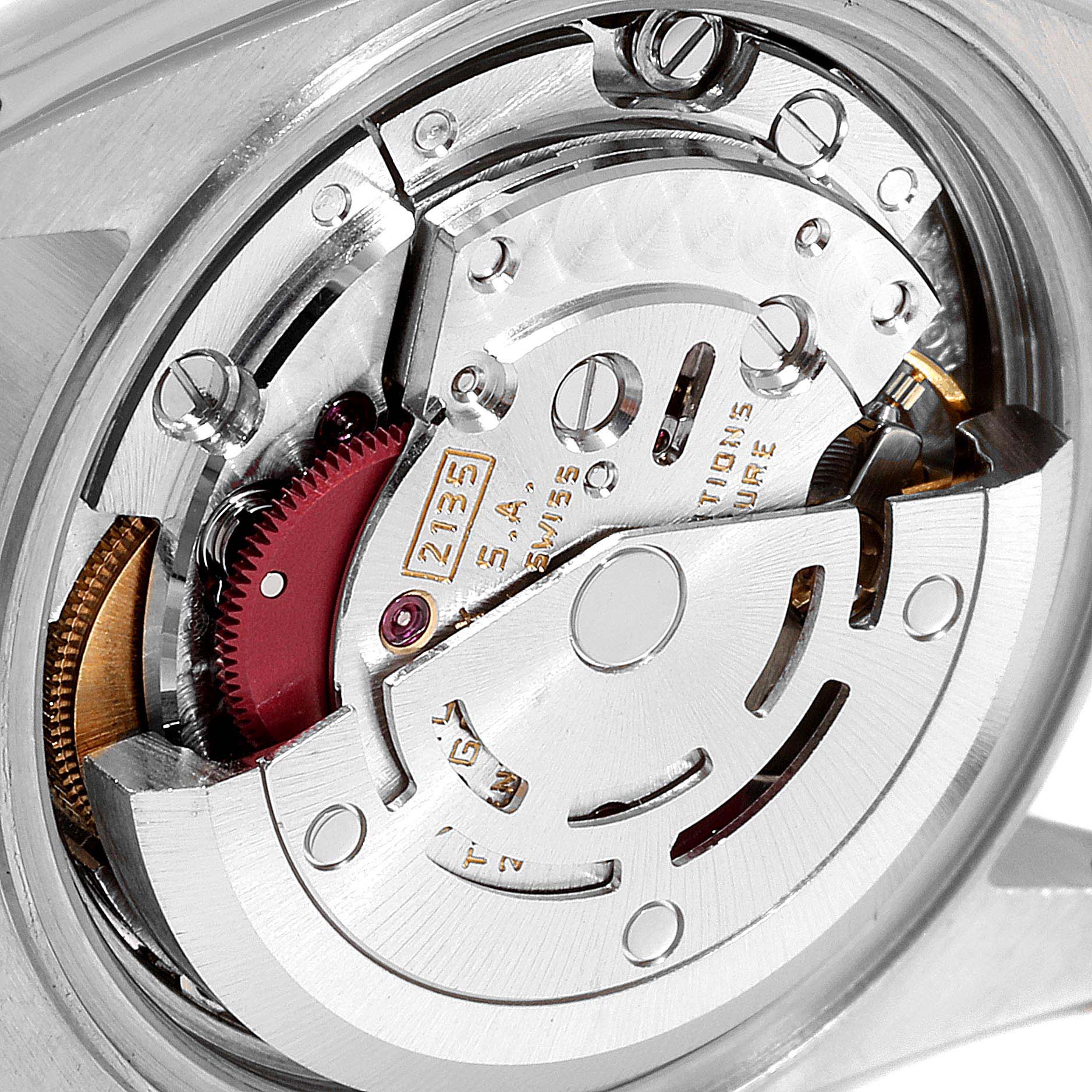 The image shows the internal mechanical movement of a Rolex Datejust 69173 Women's Stainless Steel Champagne Dial 69173 Women's Stainless Steel Champagne Dial watch with various gears and components visible.