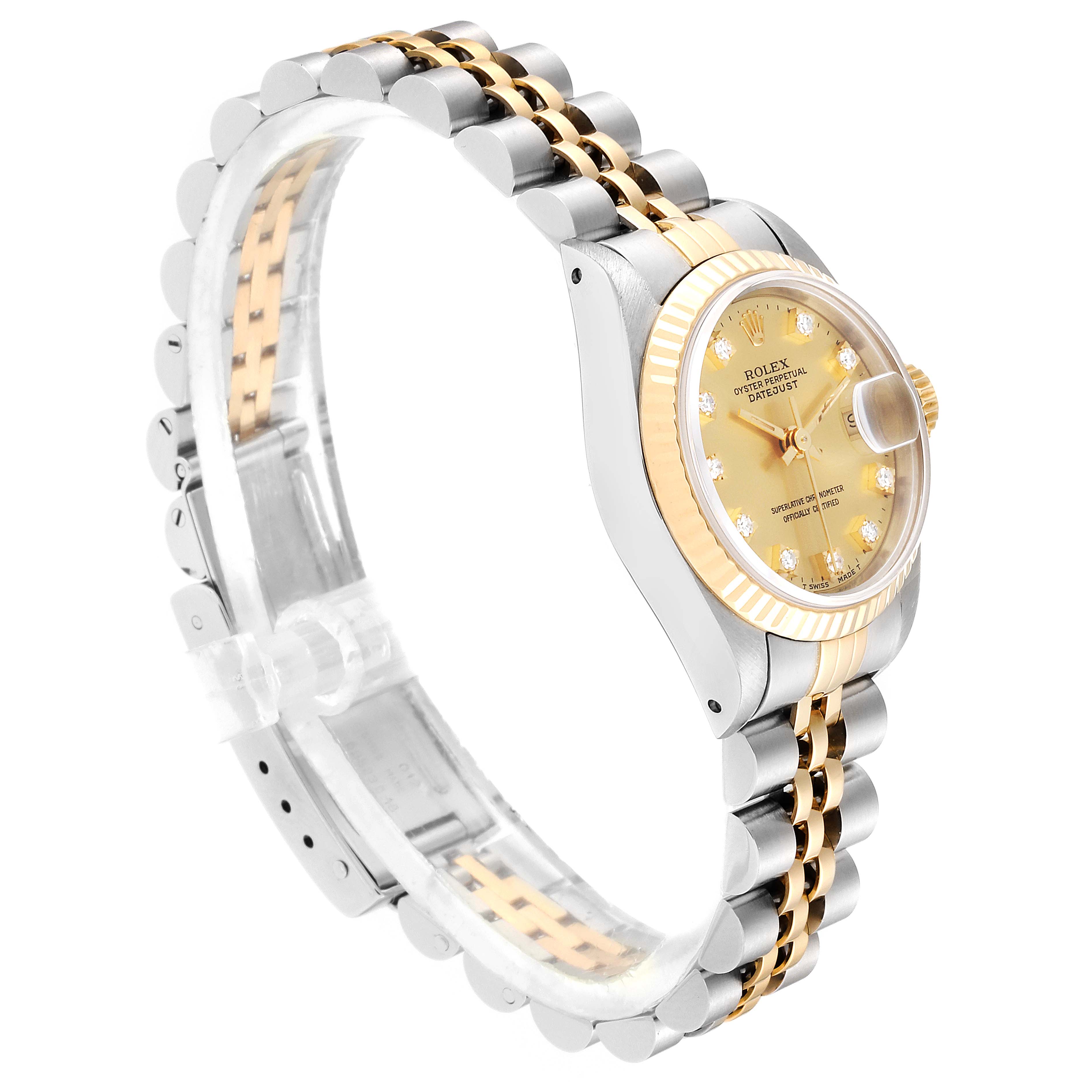 This image shows a side angle of a Rolex Datejust 69173 Women's Stainless Steel Champagne Dial 69173 Women's Stainless Steel Champagne Dial watch, highlighting its two-tone bracelet and gold dial.