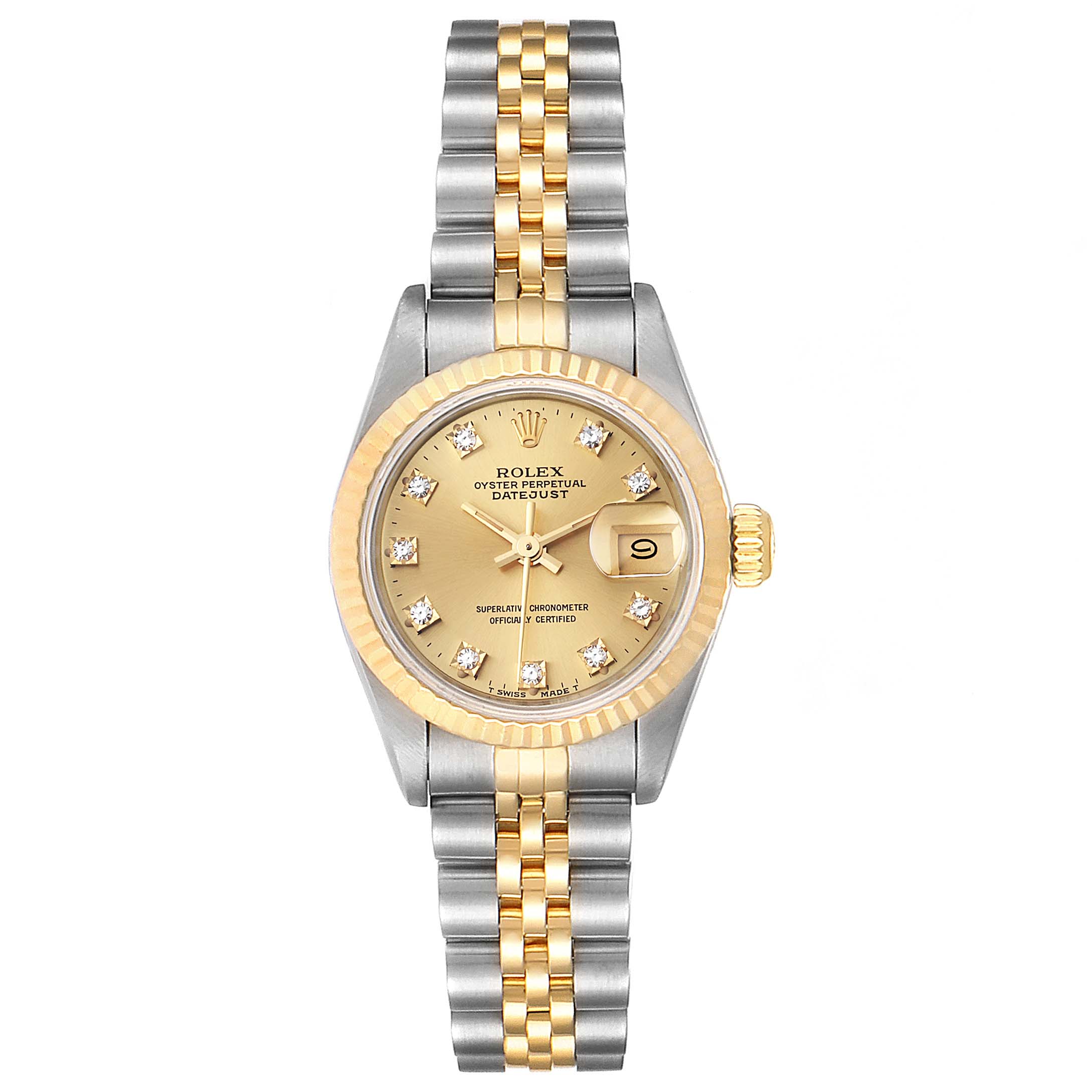 This image shows a frontal view of a Rolex Datejust 69173 Women's Stainless Steel Champagne Dial 69173 Women's Stainless Steel Champagne Dial watch, featuring a gold bezel, two-tone bracelet, and a champagne dial with diamond markers.