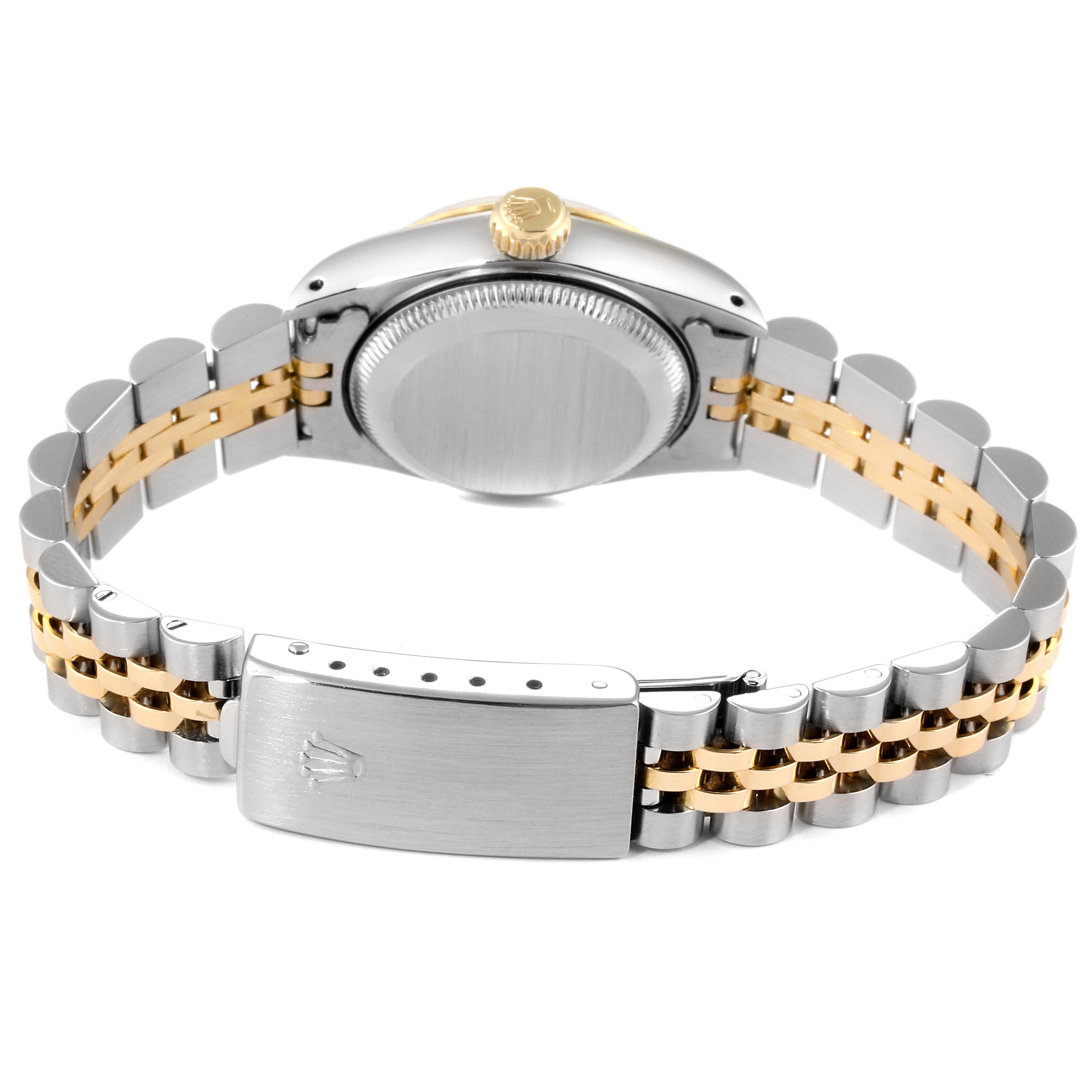 The image shows the backside of a Rolex Datejust 69173 Women's Stainless Steel Champagne Dial 69173 Women's Stainless Steel Champagne Dial watch, highlighting the bracelet and clasp.