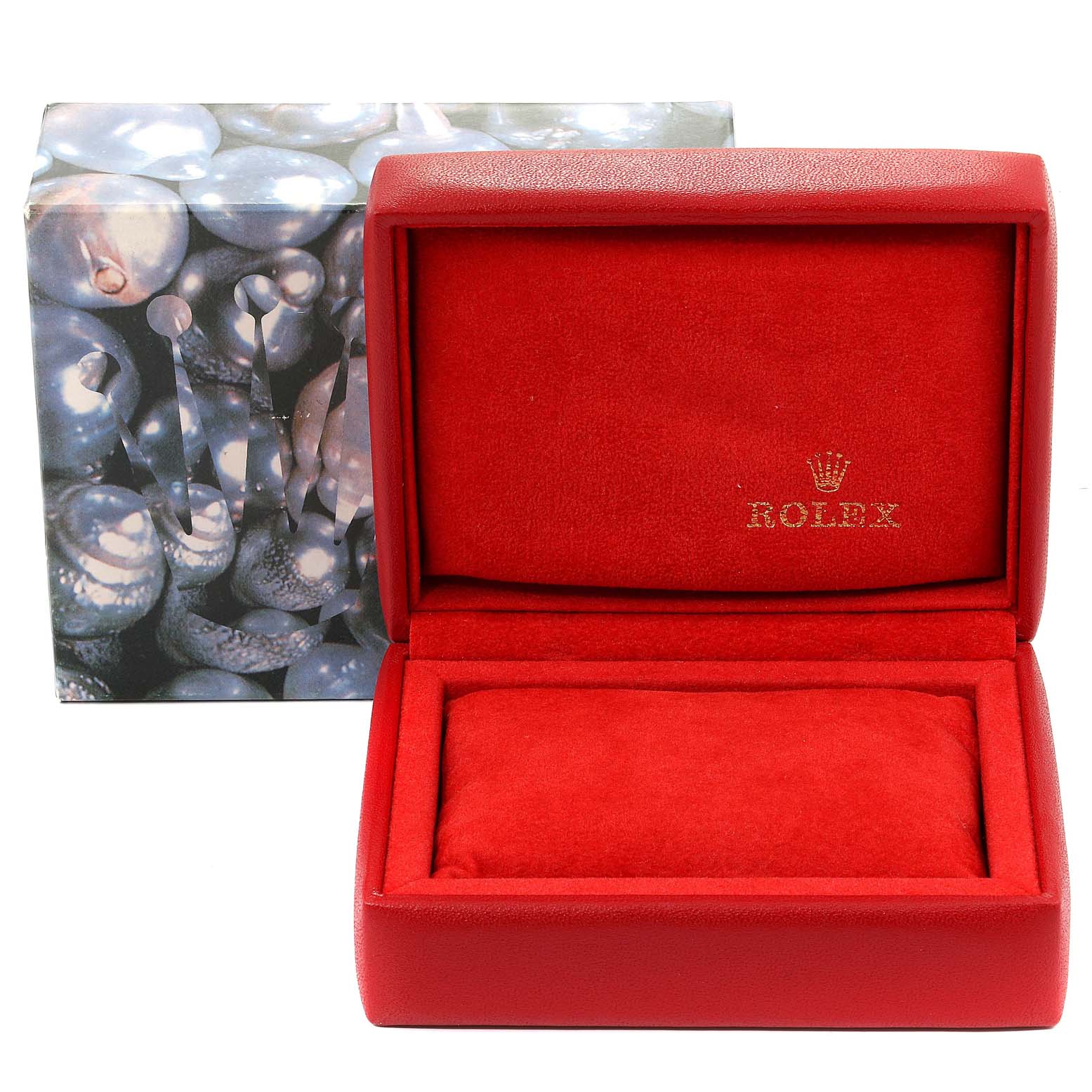 The image shows an open red Rolex watch box for the Datejust model, with a cushioned interior and the brand logo visible.