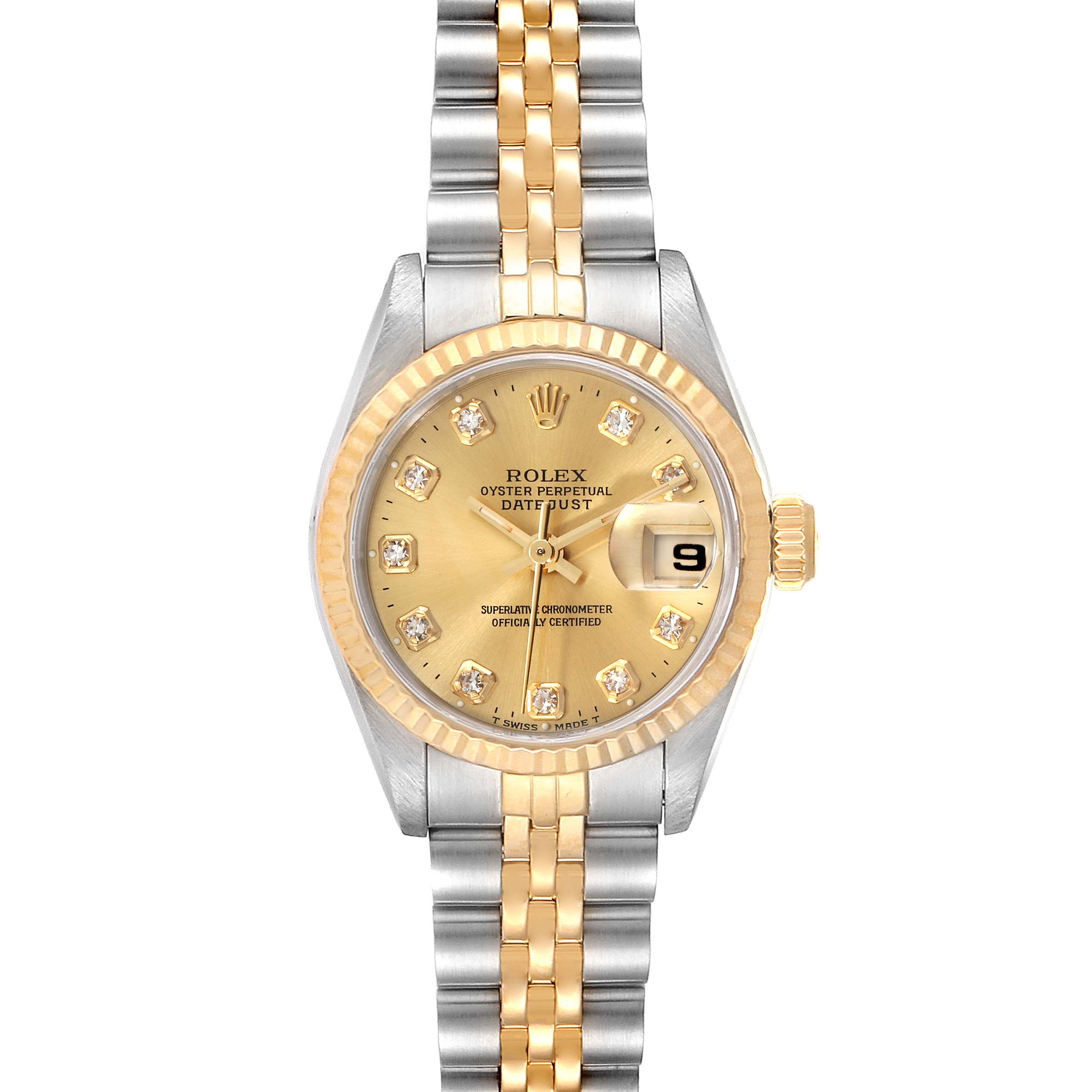 The image shows a Rolex Datejust 69173 Women's Stainless Steel Champagne Dial 69173 Women's Stainless Steel Champagne Dial watch from a front angle, displaying the dial, jubilee bracelet, and fluted bezel.
