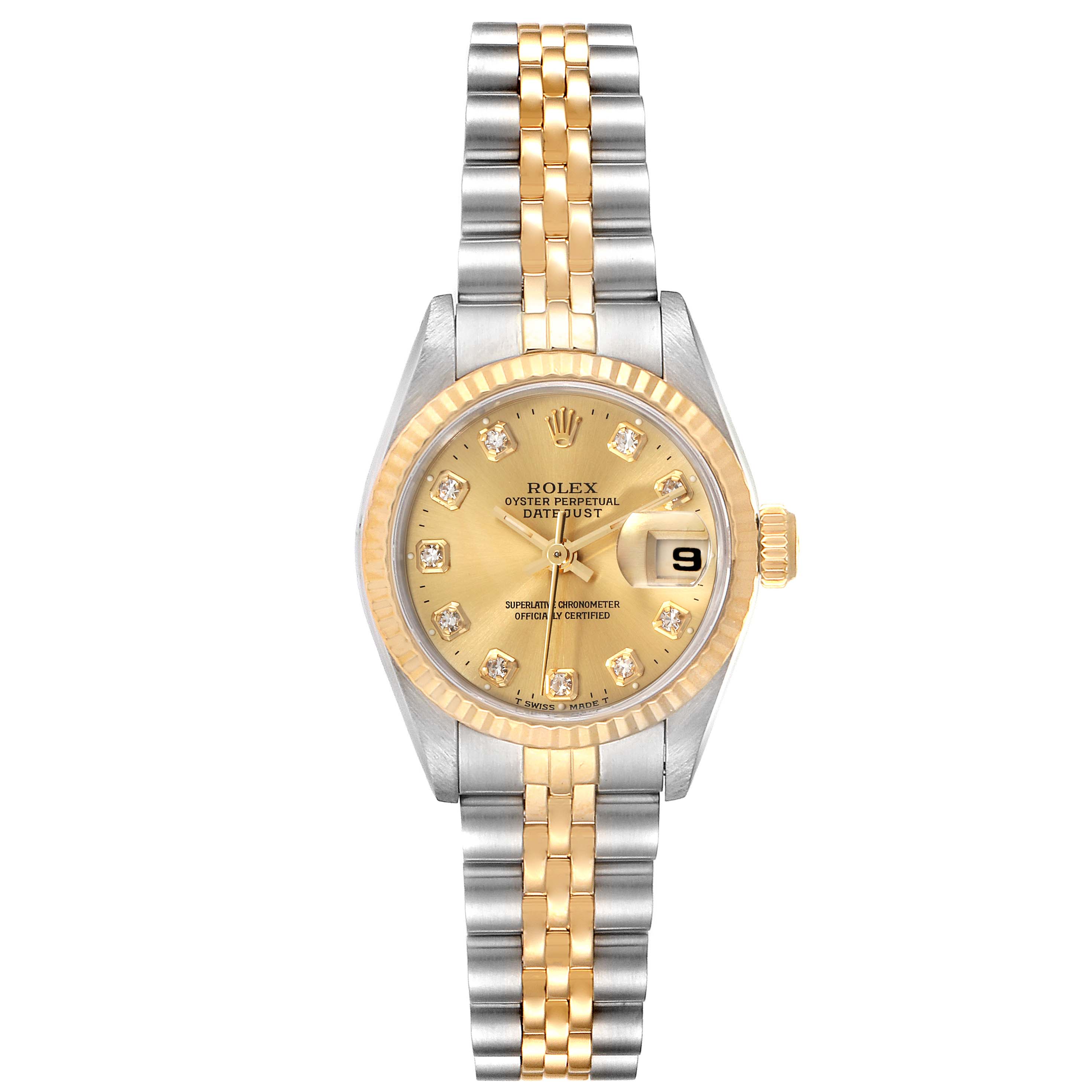 The image shows a front view of the Rolex Datejust 69173 Women's Stainless Steel Champagne Dial 69173 Women's Stainless Steel Champagne Dial watch, highlighting the dial, bezel, and two-tone bracelet.