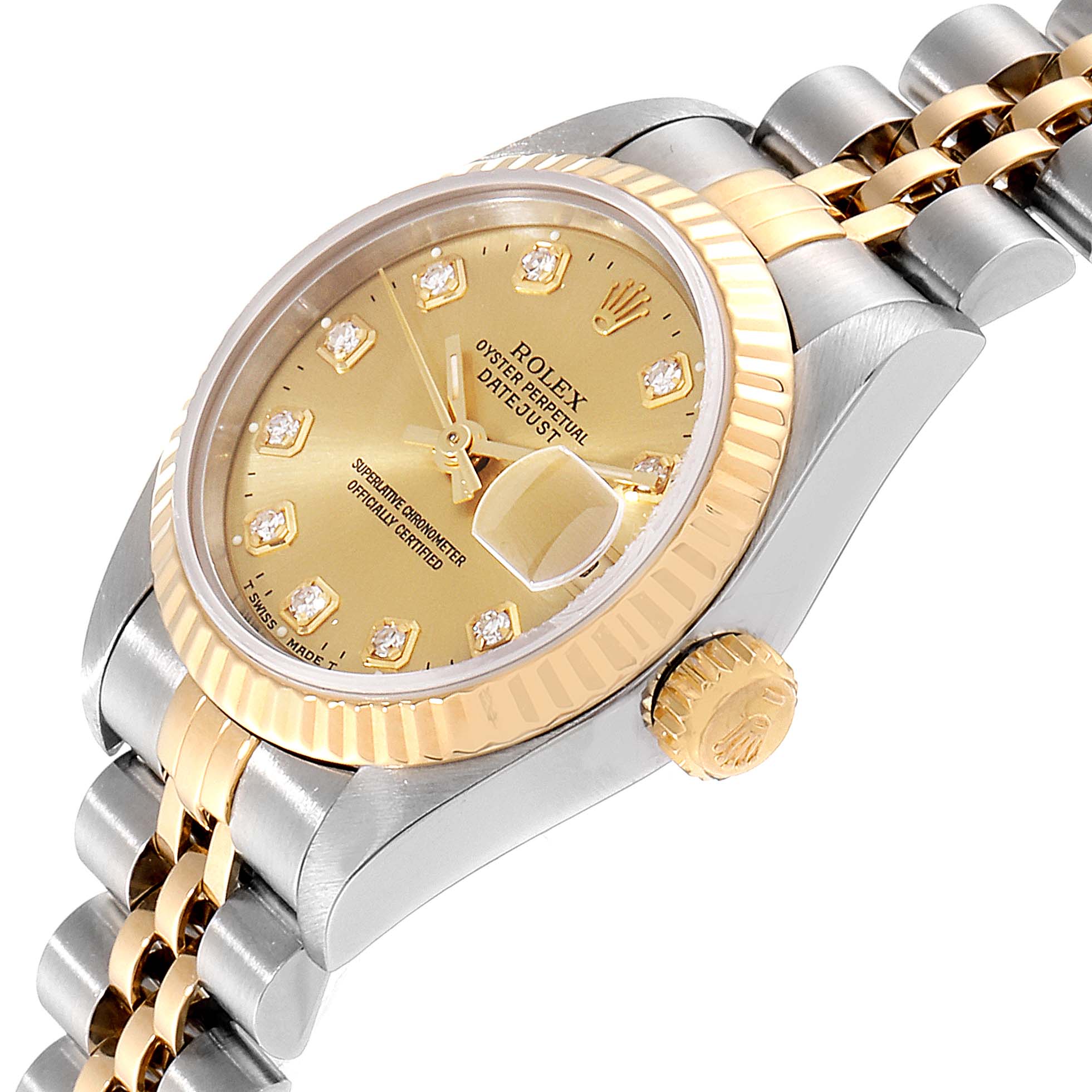 This image shows a side angle of a Rolex Datejust 69173 Women's Stainless Steel Champagne Dial 69173 Women's Stainless Steel Champagne Dial watch, highlighting its bezel, dial, crown, and bracelet.