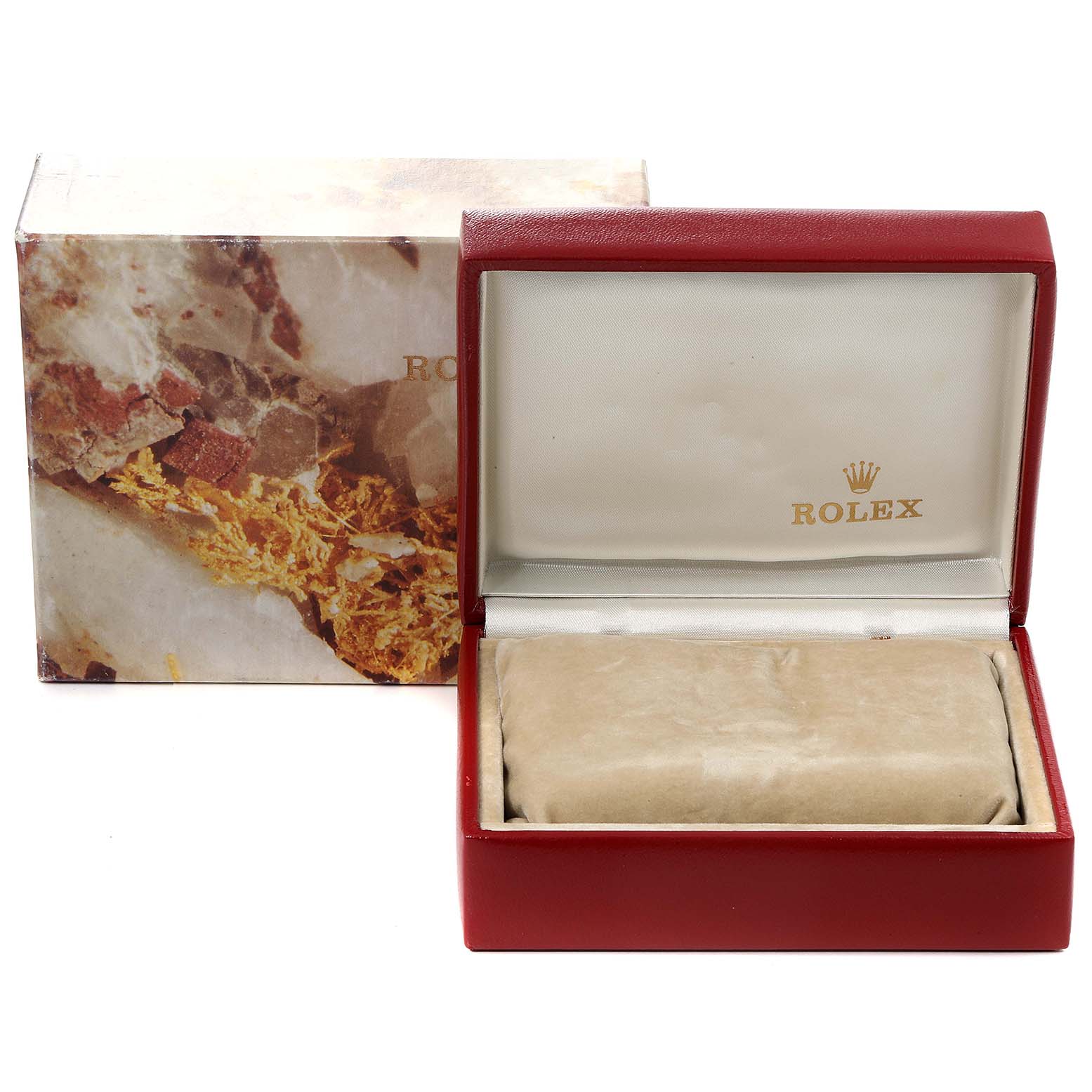 The image shows an open Rolex Datejust 69173 Women's Steel and Gold (two tone) Champagne Dial 69173 Women's Steel and Gold (two tone) Champagne Dial watch box with an outer box, display cushion, and branded interior.