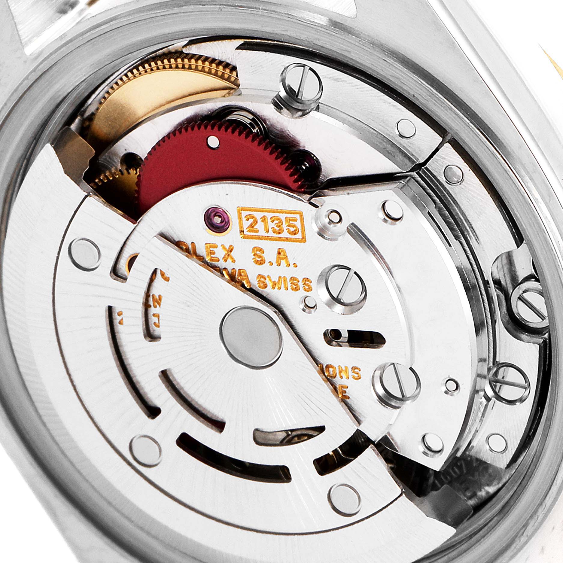 This image shows a close-up of the movement mechanism of the Rolex Datejust 69173 Women's Steel and Gold (two tone) Champagne Dial 69173 Women's Steel and Gold (two tone) Champagne Dial watch, highlighting the intricate internal parts.
