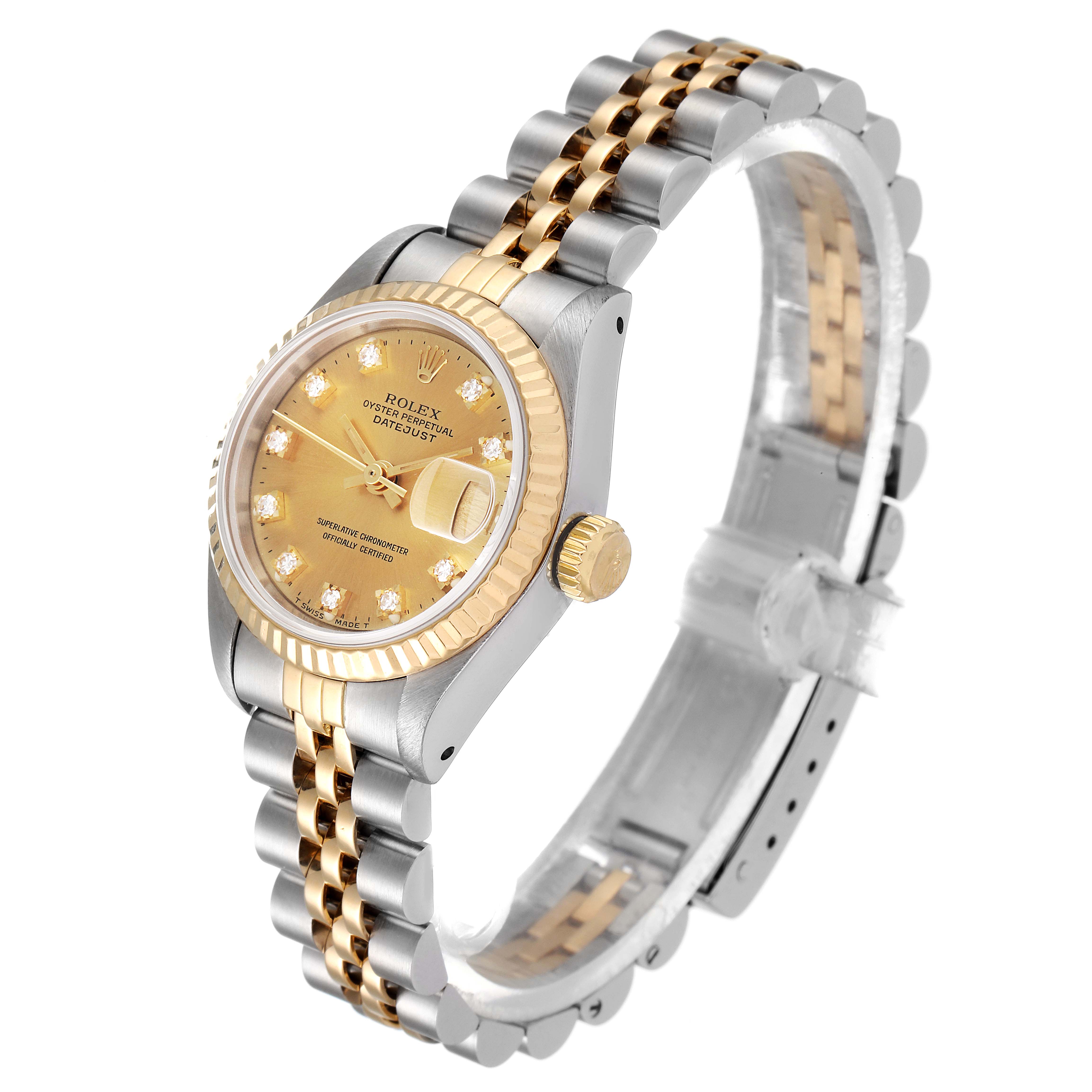 The Rolex Datejust 69173 Women's Steel and Gold (two tone) Champagne Dial 69173 Women's Steel and Gold (two tone) Champagne Dial watch is shown at an angle displaying the dial, bezel, crown, and bracelet.