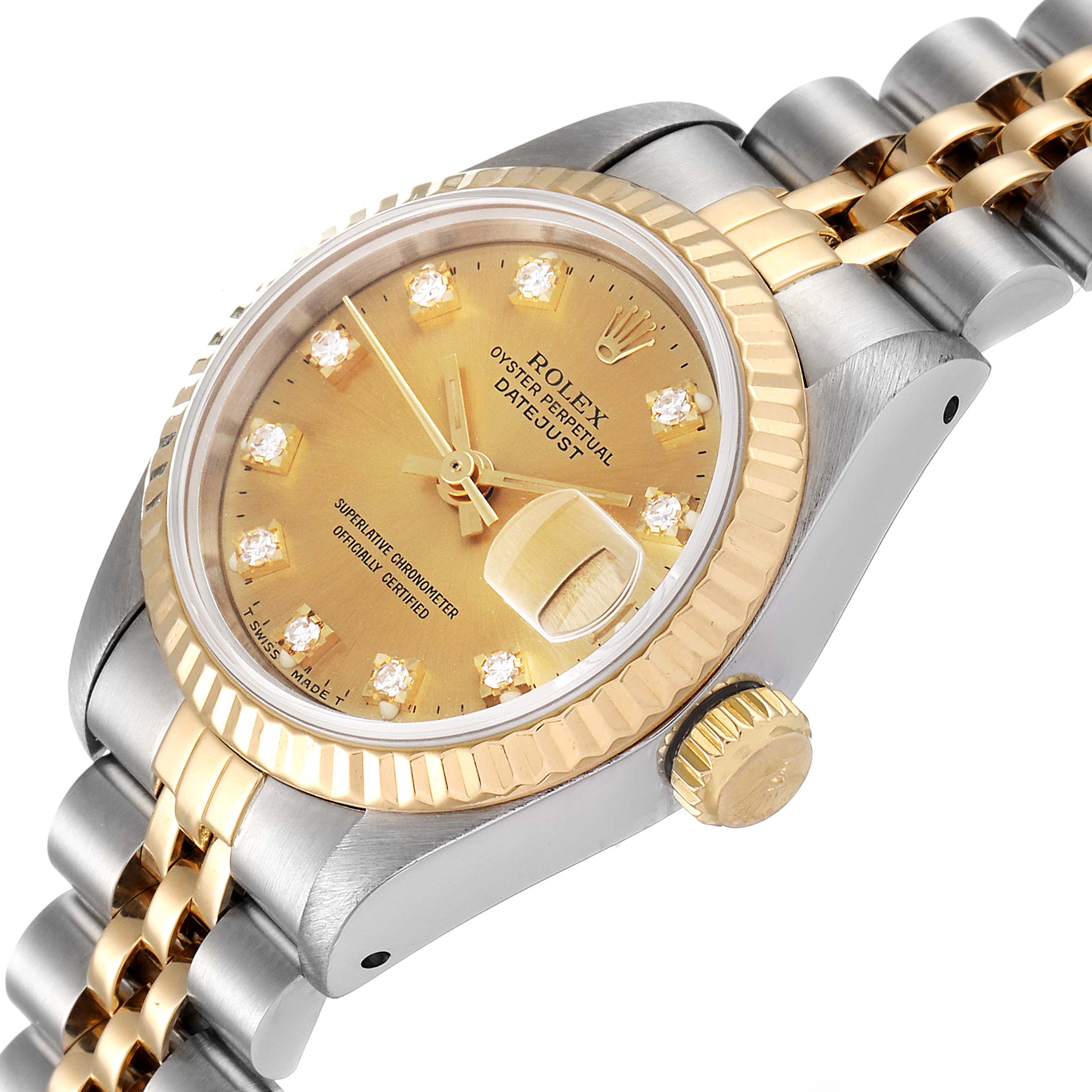The image shows a side angle of a Rolex Datejust 69173 Women's Steel and Gold (two tone) Champagne Dial 69173 Women's Steel and Gold (two tone) Champagne Dial watch highlighting its gold dial, bezel, and the two-tone bracelet.