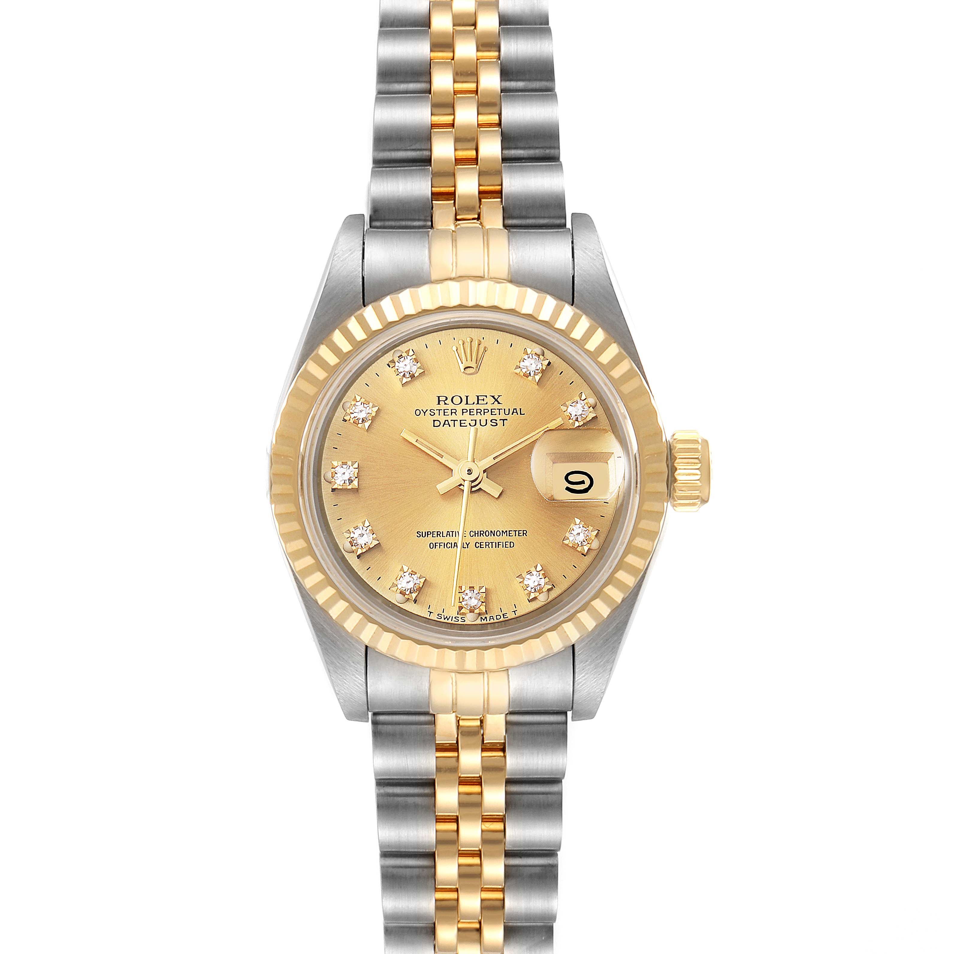 This is a front view of a Rolex Datejust 69173 Women's Steel and Gold (two tone) Champagne Dial 69173 Women's Steel and Gold (two tone) Champagne Dial watch showing its face, fluted bezel, and two-tone Jubilee bracelet.