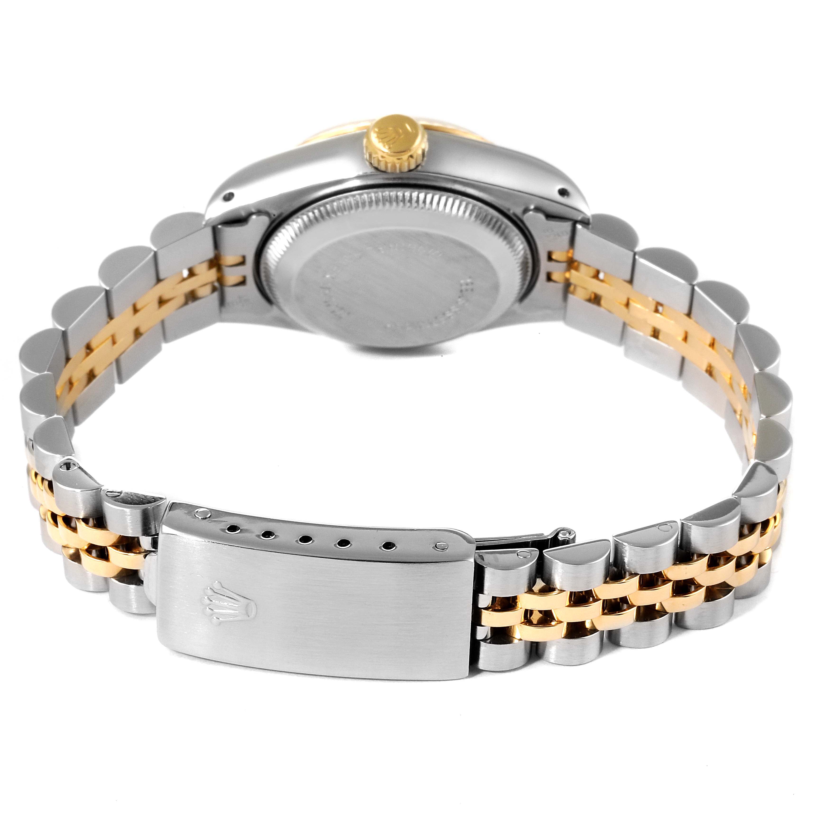 The image shows the back case, crown, and two-tone bracelet of a Rolex Datejust 69173 Women's Steel and Gold (two tone) Champagne Dial 69173 Women's Steel and Gold (two tone) Champagne Dial watch from a rear angle.