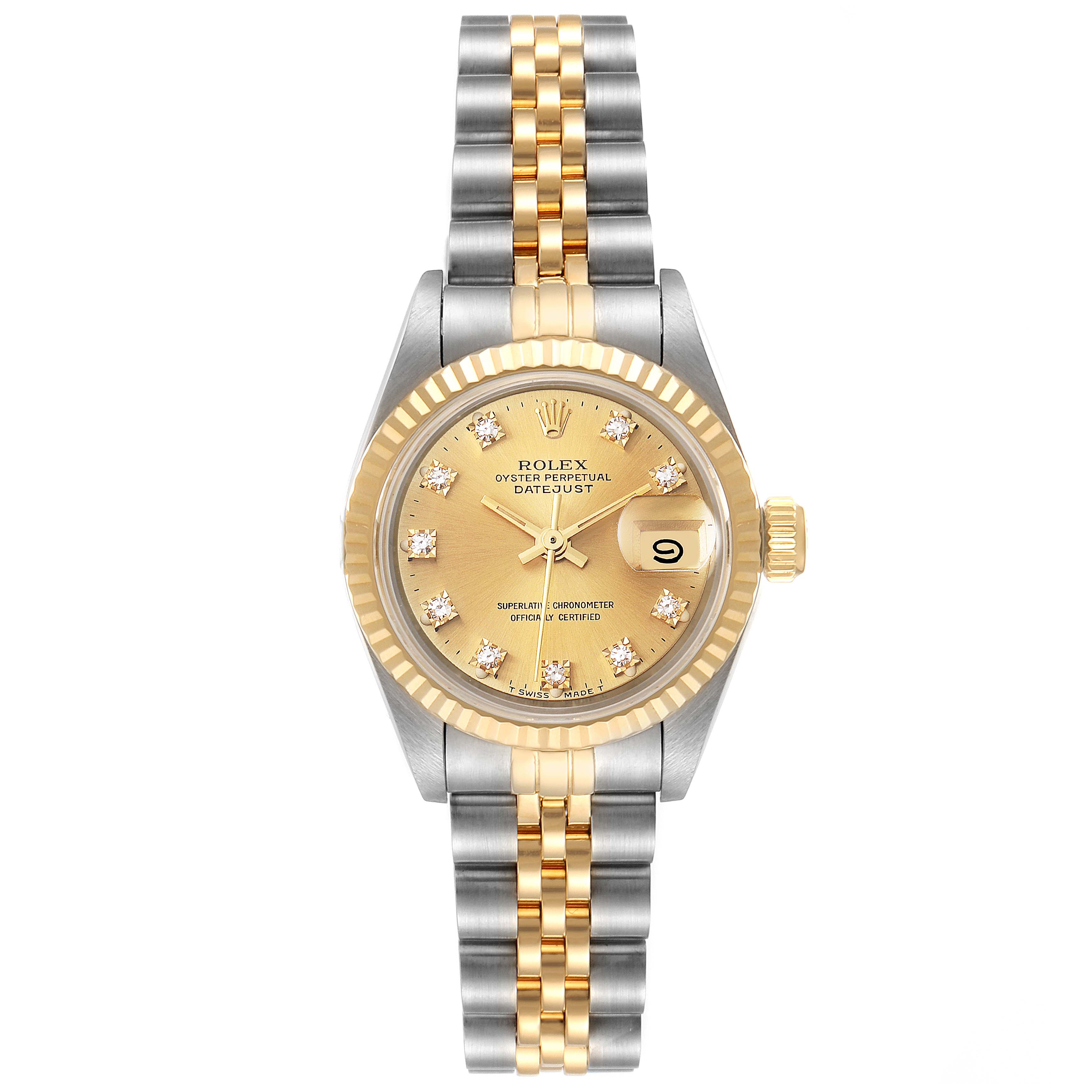 The Rolex Datejust 69173 Women's Steel and Gold (two tone) Champagne Dial 69173 Women's Steel and Gold (two tone) Champagne Dial watch is displayed from the front, showing the face, bezel, crown, and bracelet.