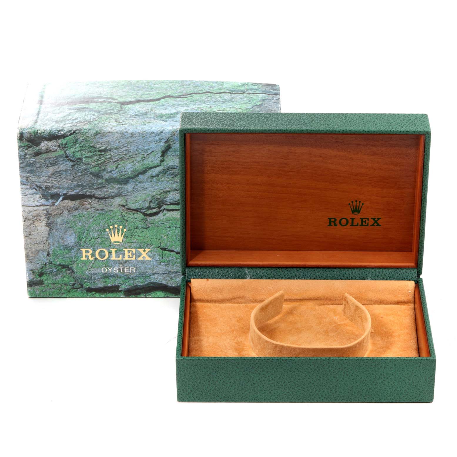 The image shows an open Rolex Datejust 16220 Men's Stainless Steel Pink Dial 16220 Men's Stainless Steel Pink Dial watch box with its green exterior, wooden interior, and beige cushion holder.