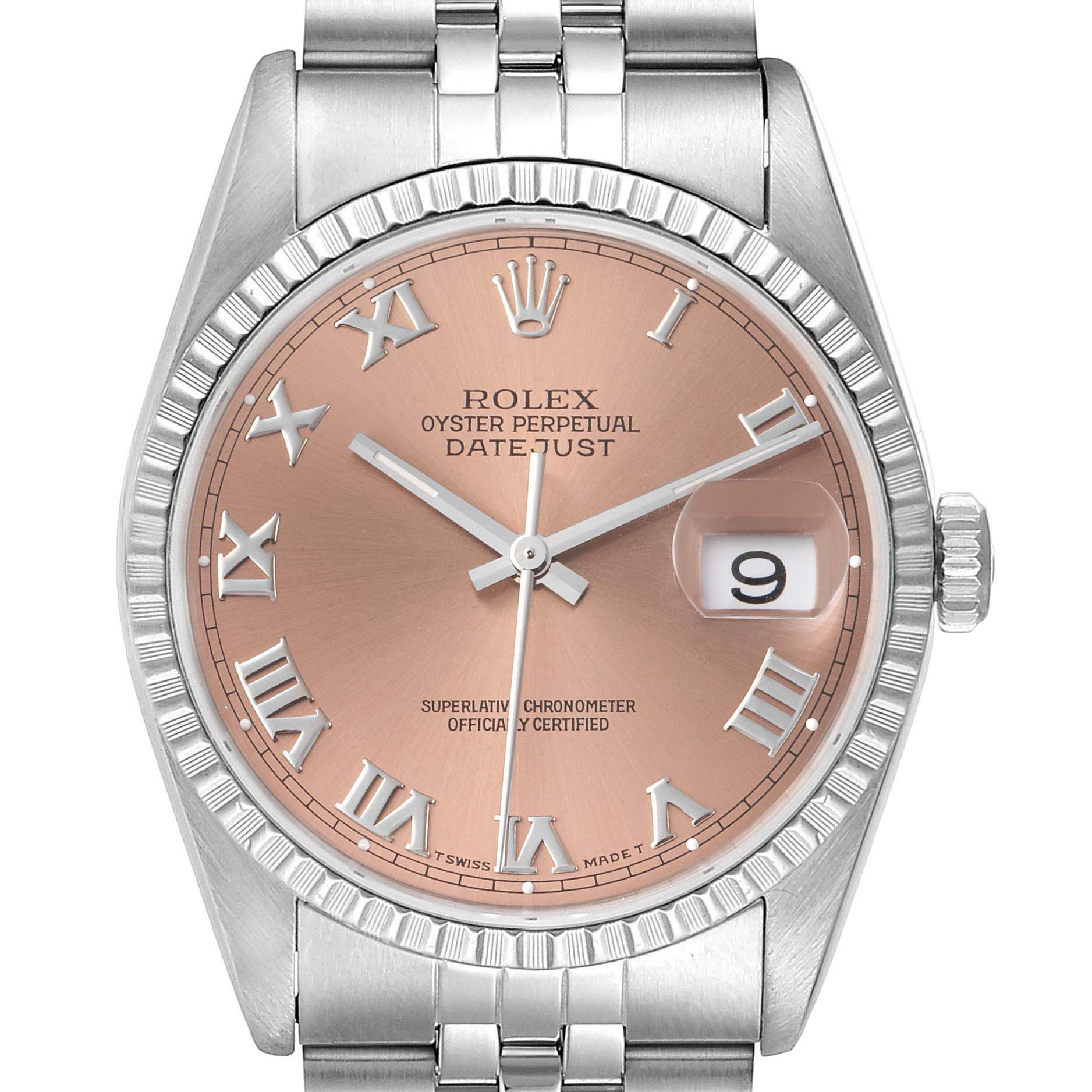 The image shows a Rolex Datejust 16220 Men's Stainless Steel Pink Dial 16220 Men's Stainless Steel Pink Dial watch from a front angle, highlighting the dial, hands, bezel, crown, and bracelet.