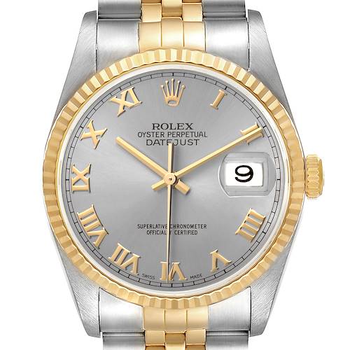 Photo of Rolex Datejust 36 Steel Yellow Gold Silver Roman Dial Mens Watch 16233