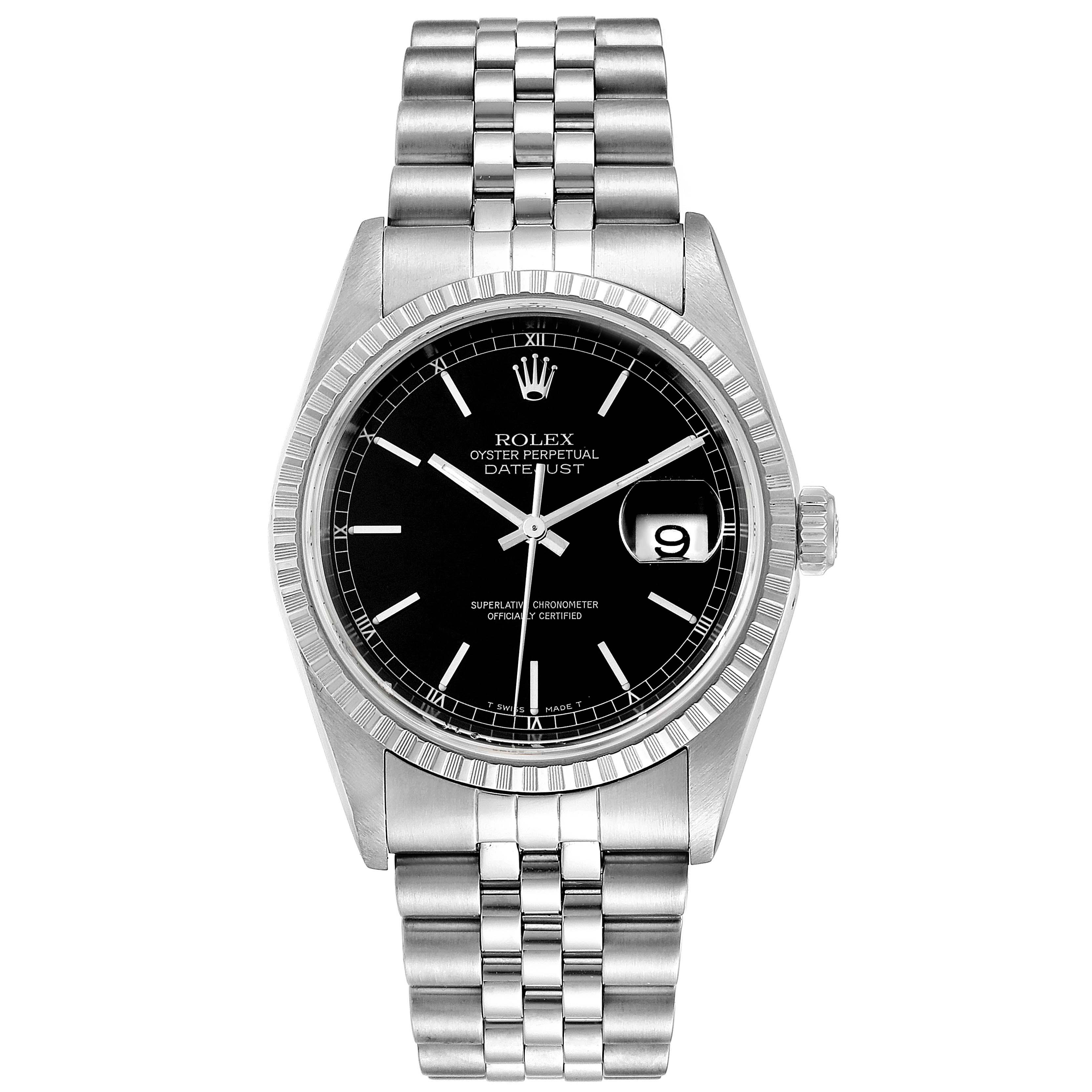 The image shows a front view of a Rolex Datejust 16220 Men's Stainless Steel Black Dial 16220 Men's Stainless Steel Black Dial watch, displaying its dial, bezel, and bracelet.
