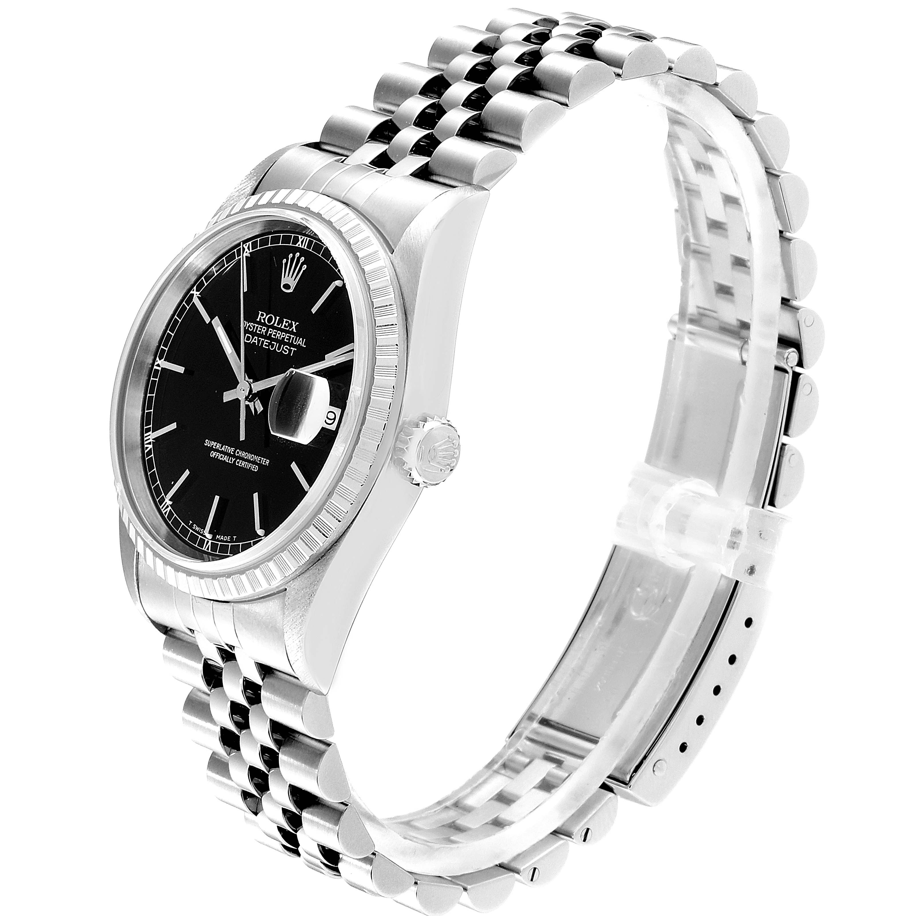 The image shows a Rolex Datejust 16220 Men's Stainless Steel Black Dial 16220 Men's Stainless Steel Black Dial watch from a side angle, highlighting its face, bezel, crown, and bracelet.