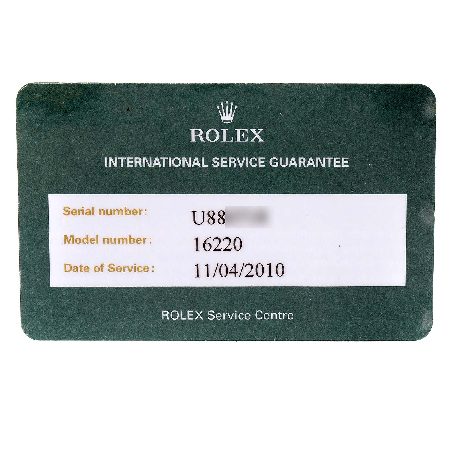 The image shows a Rolex Datejust 16220 Men's Stainless Steel Black Dial 16220 Men's Stainless Steel Black Dial service guarantee card from the International Service Centre, displaying the model and service details.