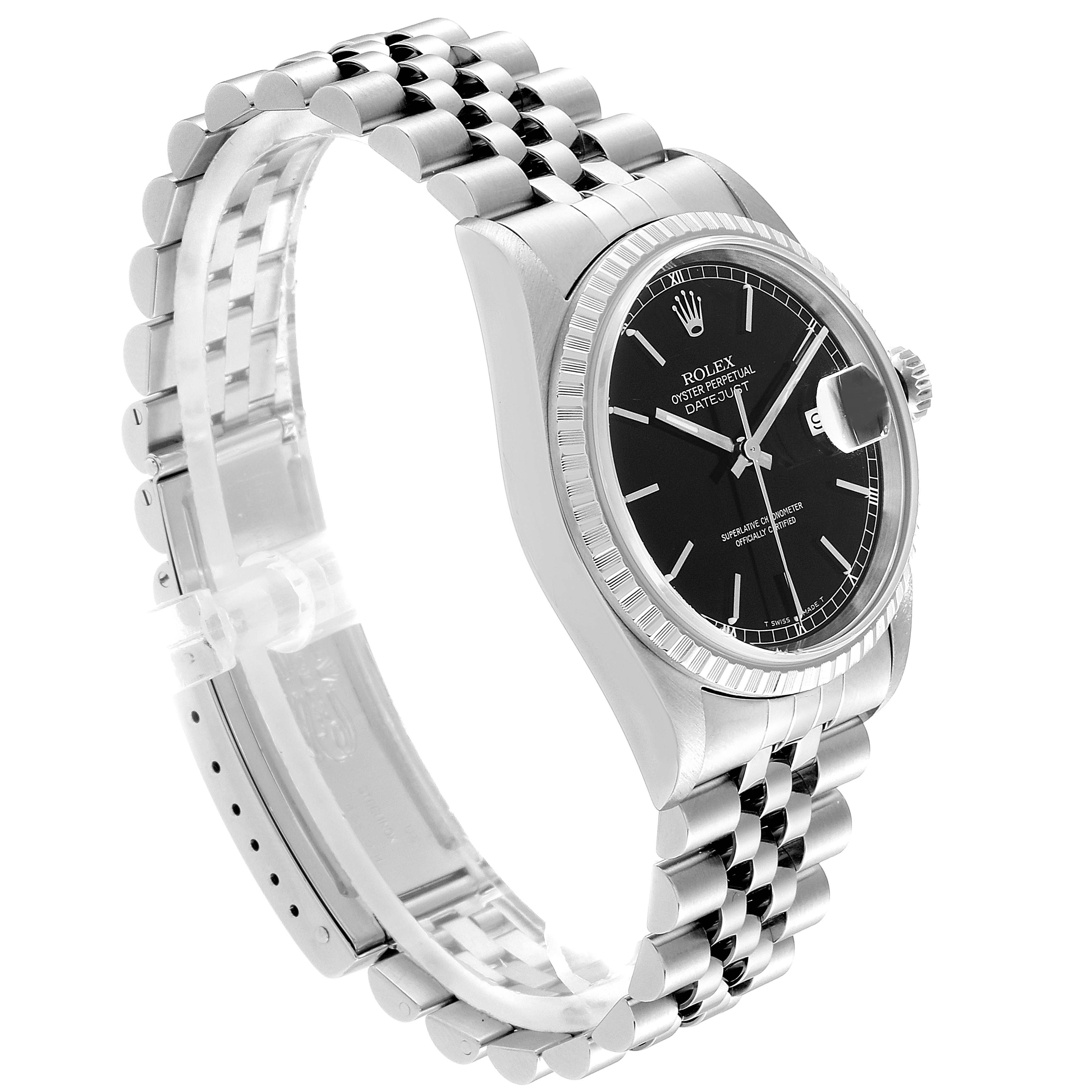 The Rolex Datejust 16220 Men's Stainless Steel Black Dial 16220 Men's Stainless Steel Black Dial watch is shown at a slight side angle, highlighting the dial, bezel, case, and bracelet.