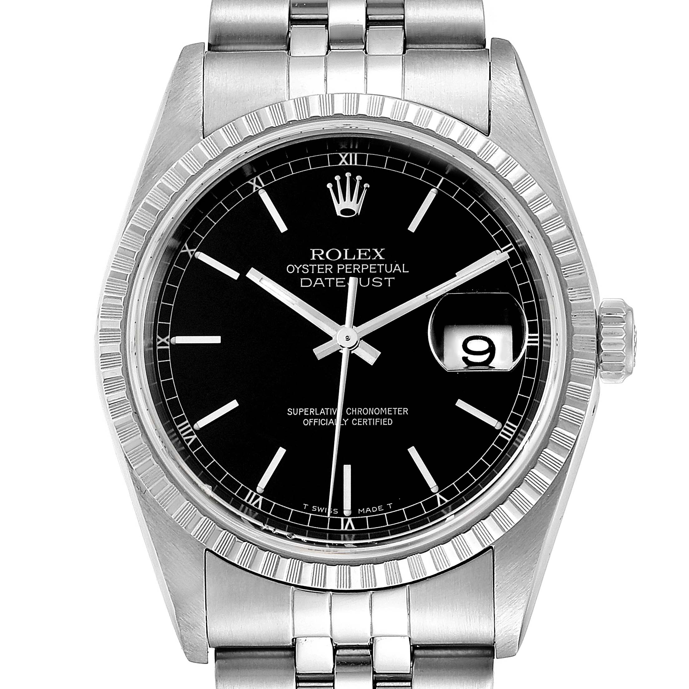 The Rolex Datejust 16220 Men's Stainless Steel Black Dial 16220 Men's Stainless Steel Black Dial watch is shown from the front, highlighting the black dial, fluted bezel, and stainless steel bracelet.