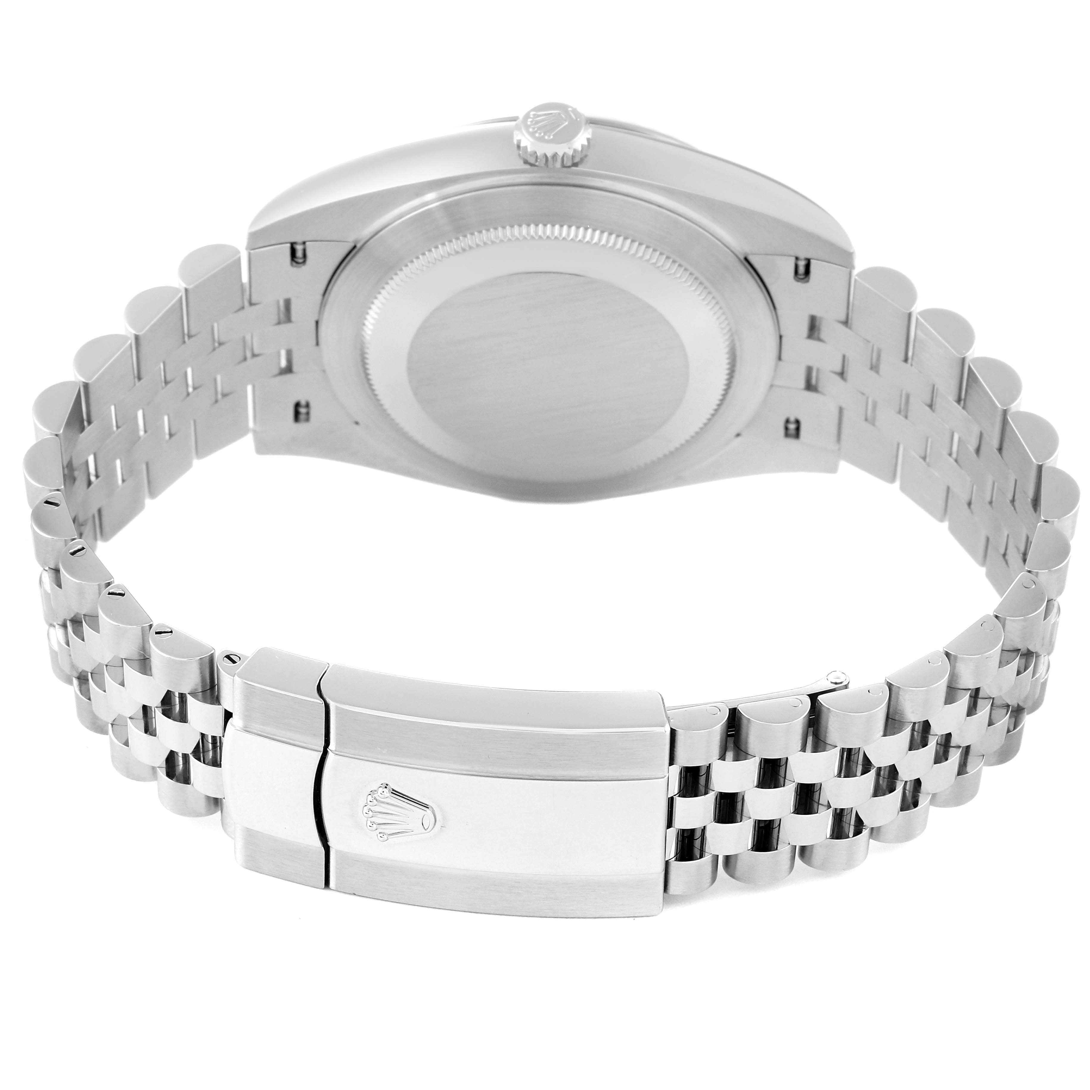 The image shows the back and clasp of a Rolex Datejust 41 126334 Men's Stainless Steel Mother of Pearl Dial 126334 Men's Stainless Steel Mother of Pearl Dial watch, highlighting its bracelet and the Rolex crown logo.