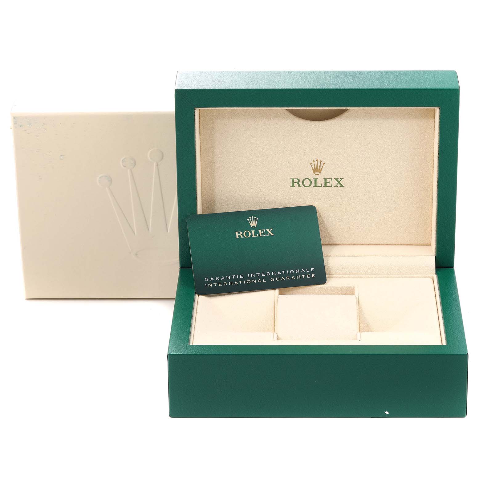 The image shows the open box and guarantee card of a Rolex Datejust 41 126334 Men's Stainless Steel Mother of Pearl Dial 126334 Men's Stainless Steel Mother of Pearl Dial watch, with no actual parts of the watch visible.
