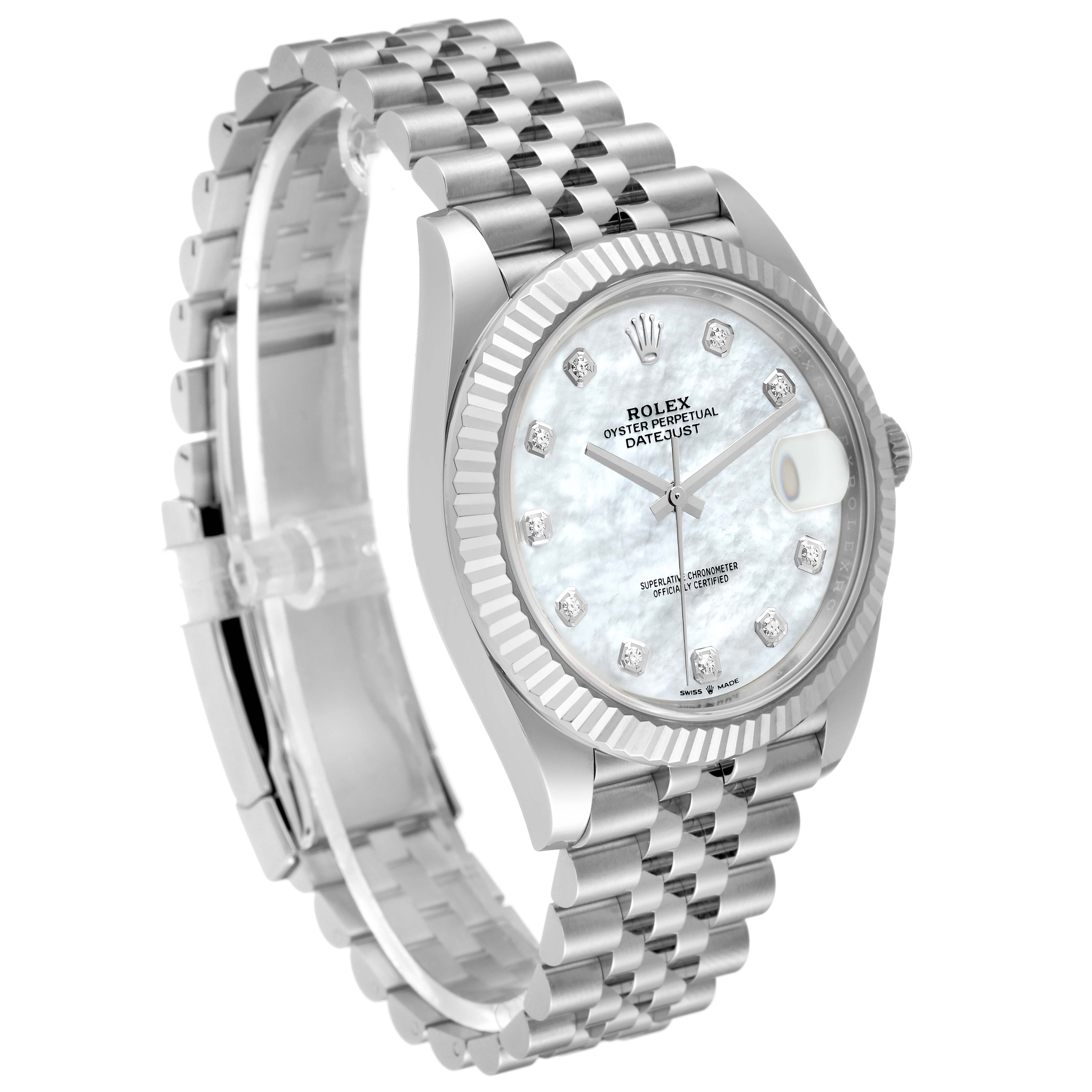 The image shows a Rolex Datejust 41 126334 Men's Stainless Steel Mother of Pearl Dial 126334 Men's Stainless Steel Mother of Pearl Dial watch from an angled side view, highlighting its face, bezel, and part of the bracelet.