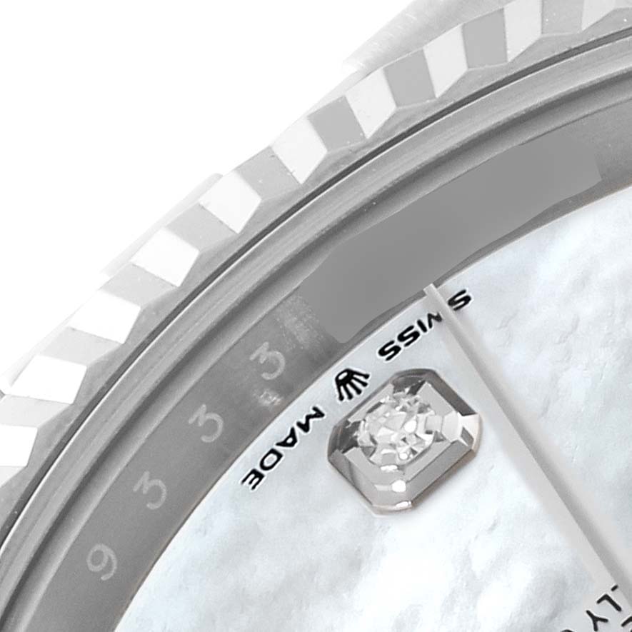 This image shows a close-up of the dial, bezel, and hands of a Rolex Datejust 41 126334 Men's Stainless Steel Mother of Pearl Dial 126334 Men's Stainless Steel Mother of Pearl Dial watch.