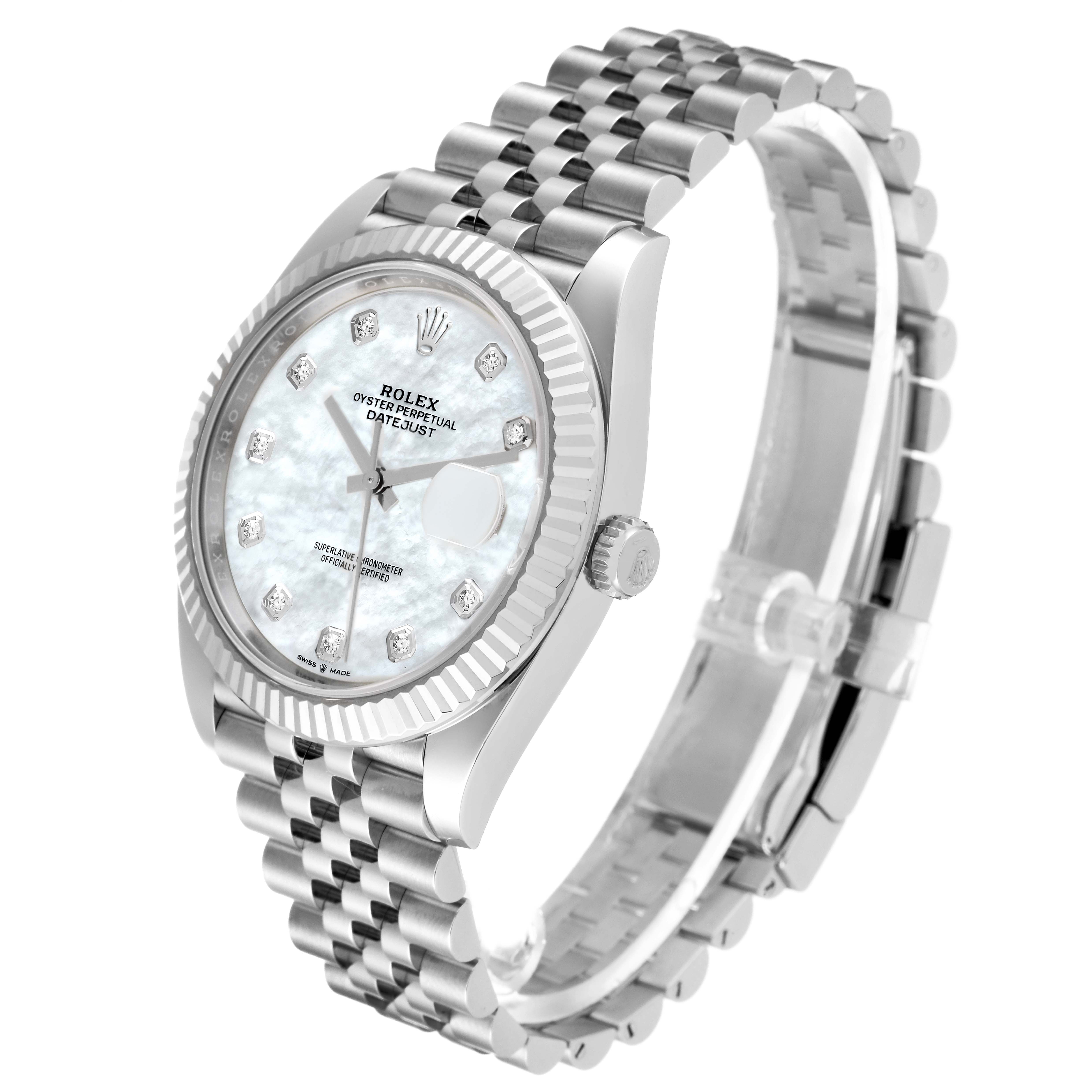 The Rolex Datejust 41 126334 Men's Stainless Steel Mother of Pearl Dial 126334 Men's Stainless Steel Mother of Pearl Dial watch is shown at a three-quarter angle, displaying its jubilee bracelet and mother-of-pearl diamond dial.
