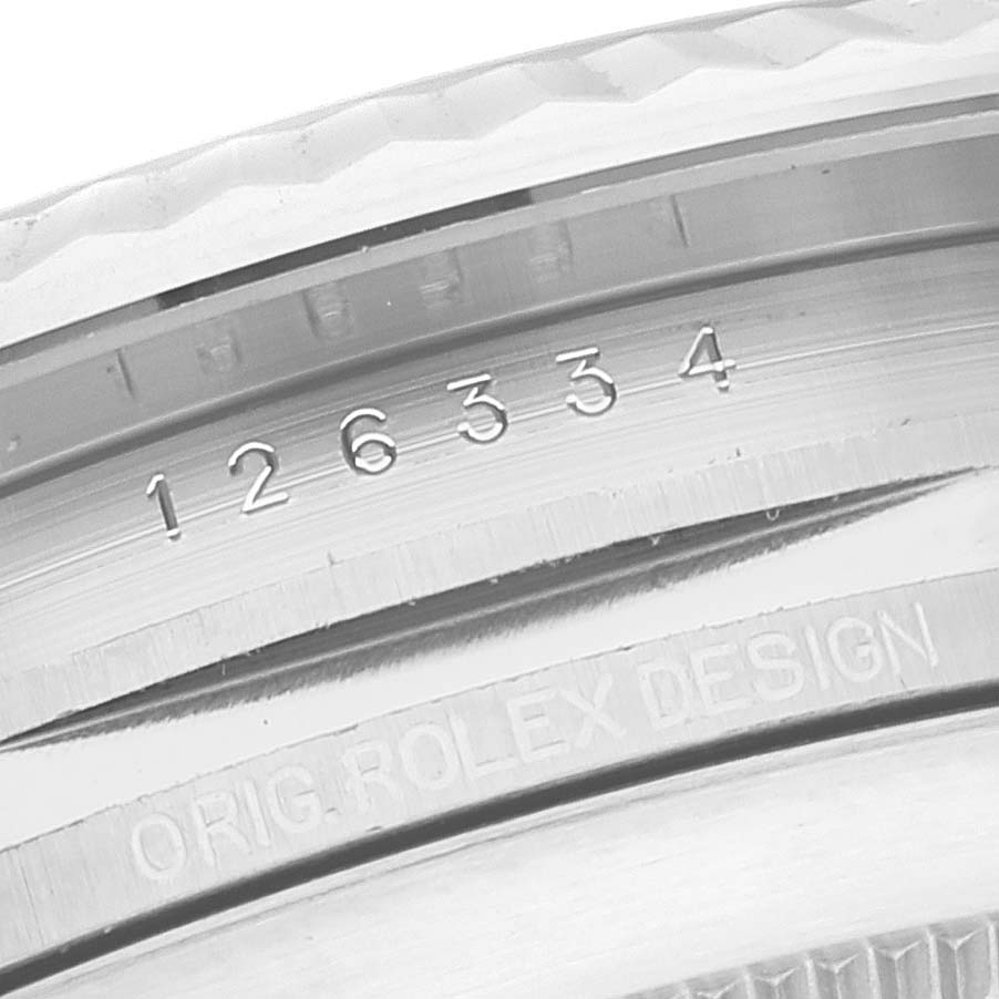 This image shows a close-up view of the inner bezel and model number of the Rolex Datejust 41 126334 Men's Stainless Steel Mother of Pearl Dial 126334 Men's Stainless Steel Mother of Pearl Dial watch.
