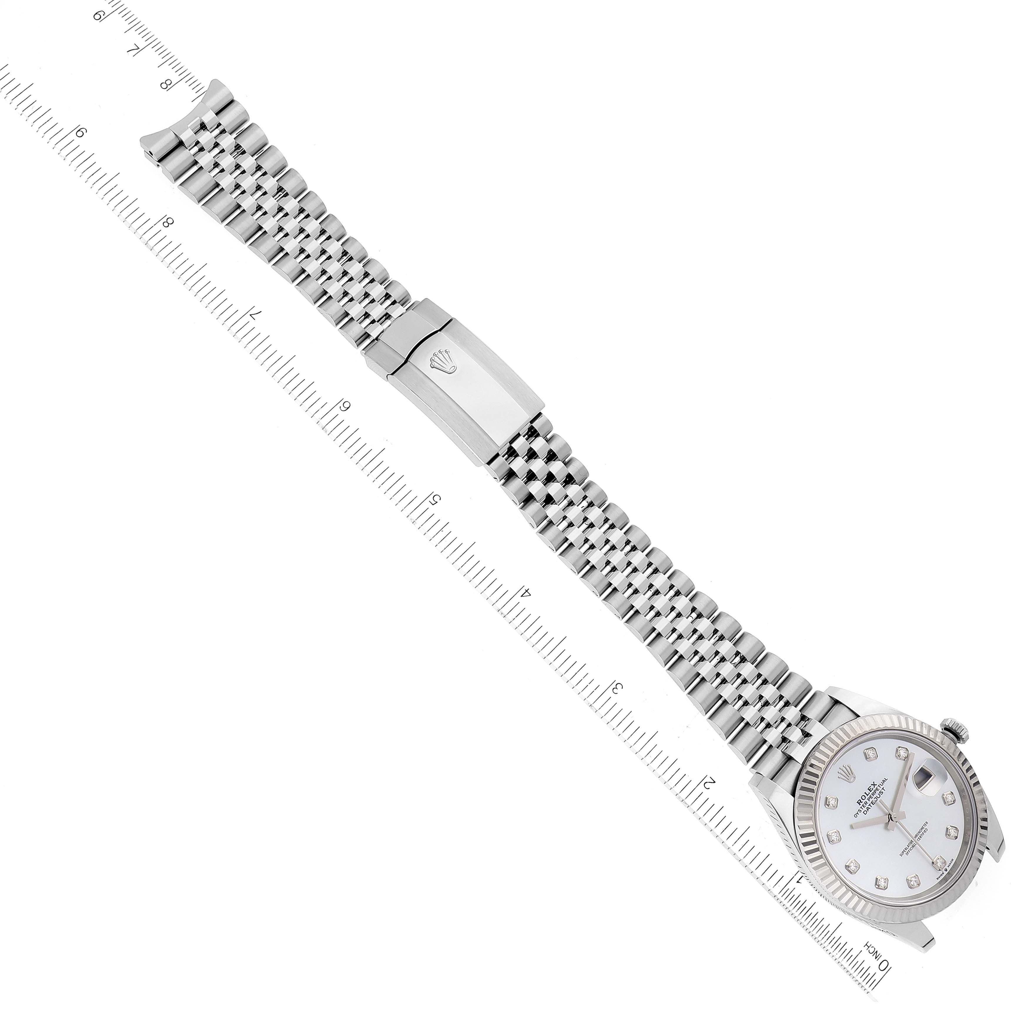 The image shows a top-down view of the Rolex Datejust 41 126334 Men's Stainless Steel Mother of Pearl Dial 126334 Men's Stainless Steel Mother of Pearl Dial watch, featuring its face, bracelet, and clasp.