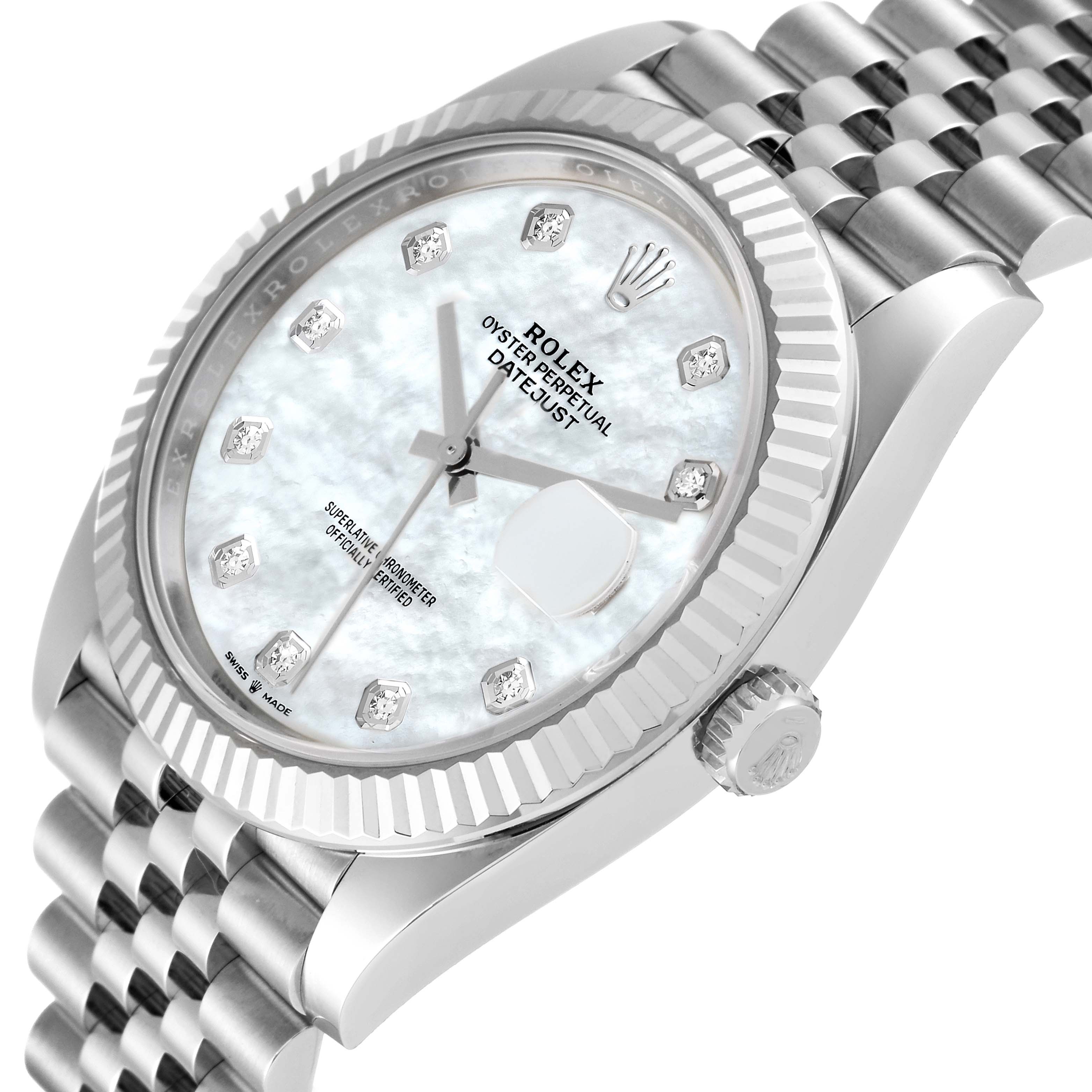 This Rolex Datejust 41 126334 Men's Stainless Steel Mother of Pearl Dial 126334 Men's Stainless Steel Mother of Pearl Dial model is shown at an angled close-up, highlighting the dial, bezel, and part of the bracelet.
