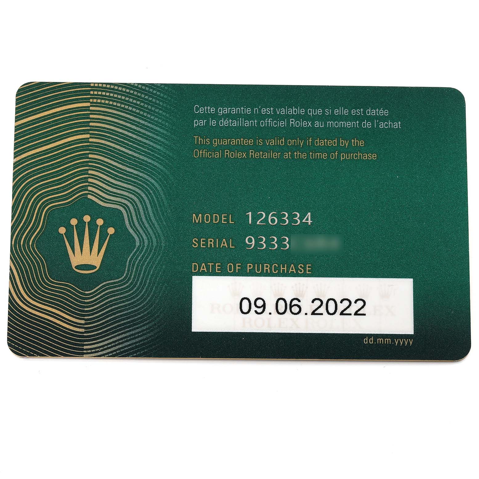 This image shows the warranty card for the Rolex Datejust 41 126334 Men's Stainless Steel Mother of Pearl Dial 126334 Men's Stainless Steel Mother of Pearl Dial model, displaying the model number, serial number, and date of purchase.