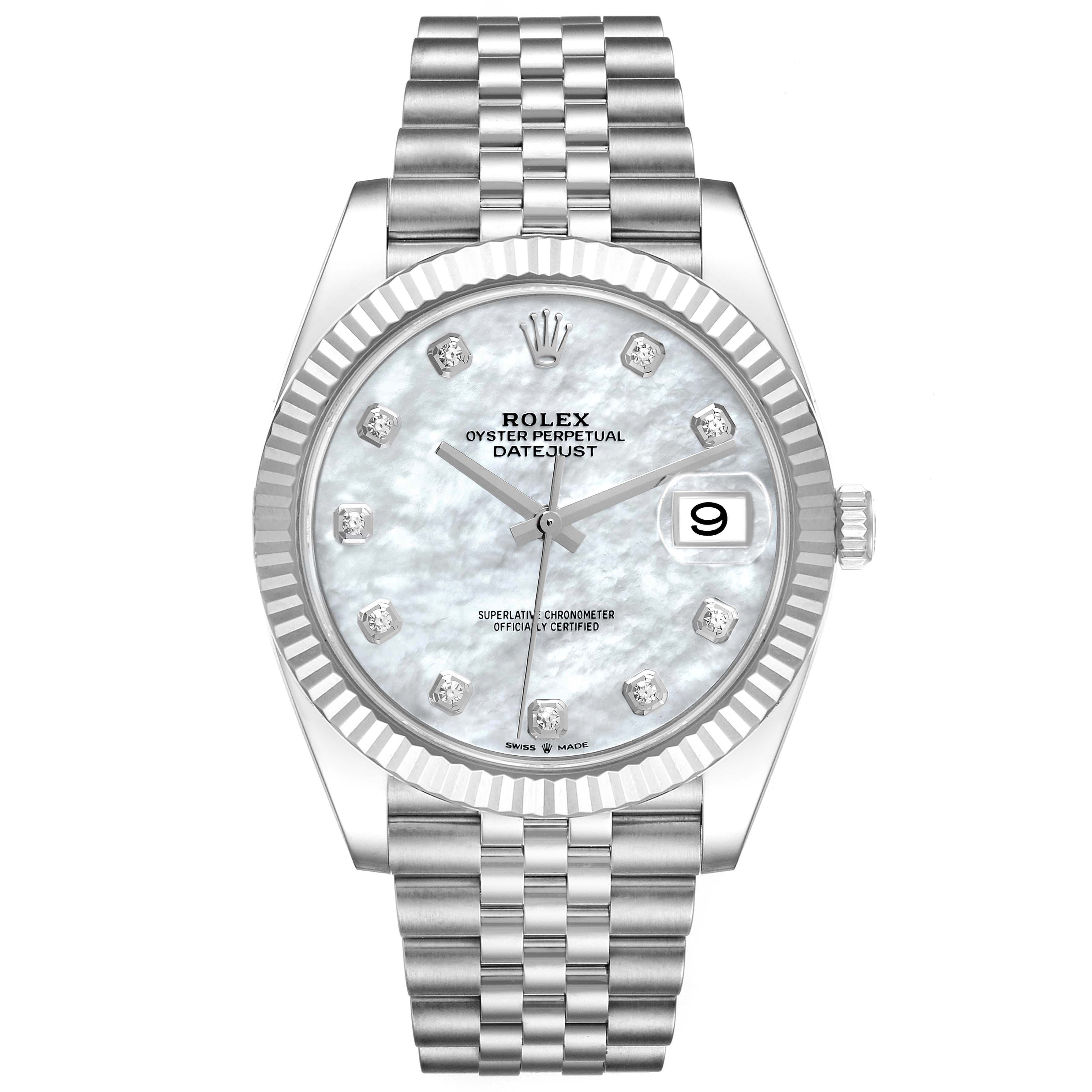 This is a front view of a Rolex Datejust 41 126334 Men's Stainless Steel Mother of Pearl Dial 126334 Men's Stainless Steel Mother of Pearl Dial watch showing the dial, bezel, crown, and bracelet.