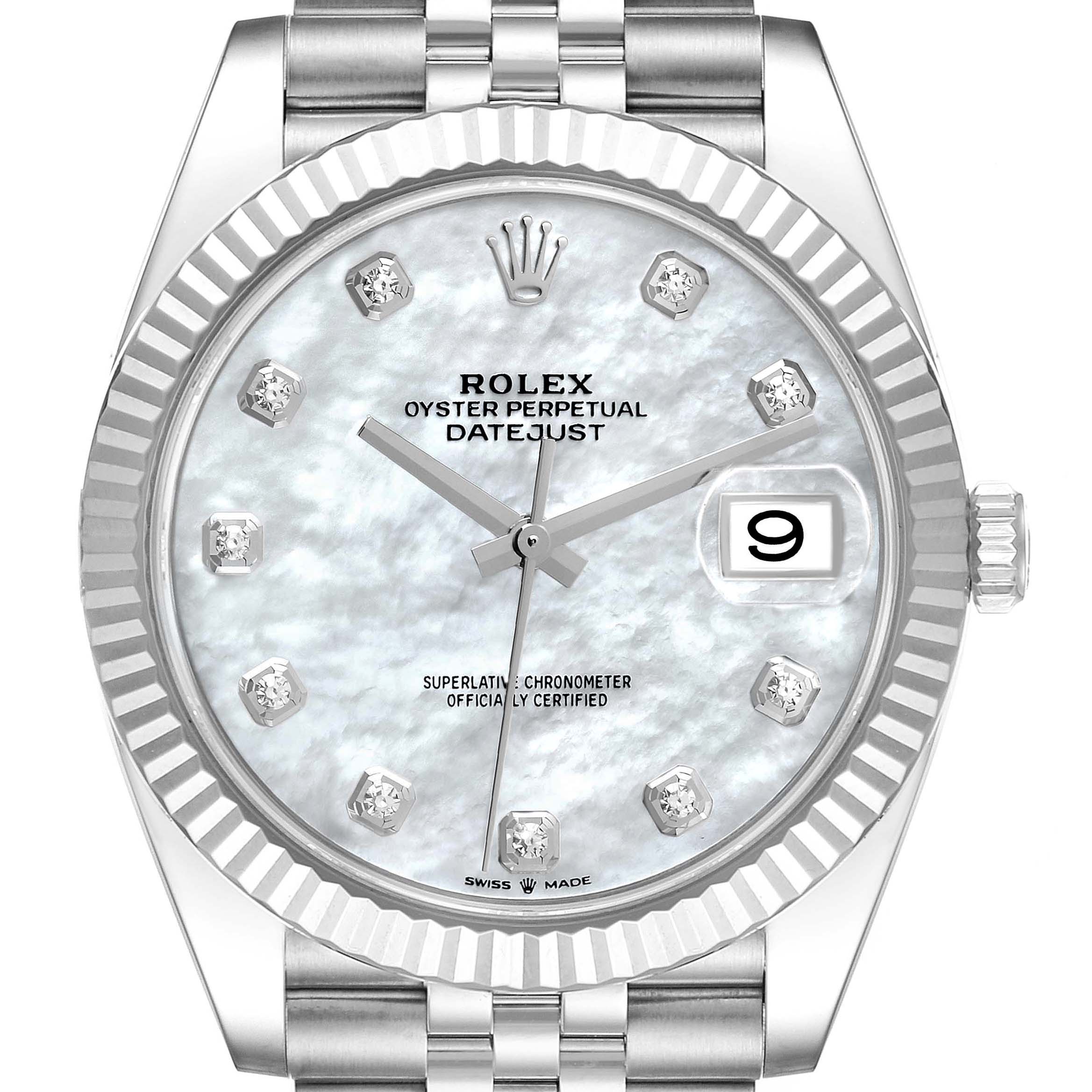 This image shows a frontal view of the dial, bezel, and partial bracelet of the Rolex Datejust 41 126334 Men's Stainless Steel Mother of Pearl Dial 126334 Men's Stainless Steel Mother of Pearl Dial model.