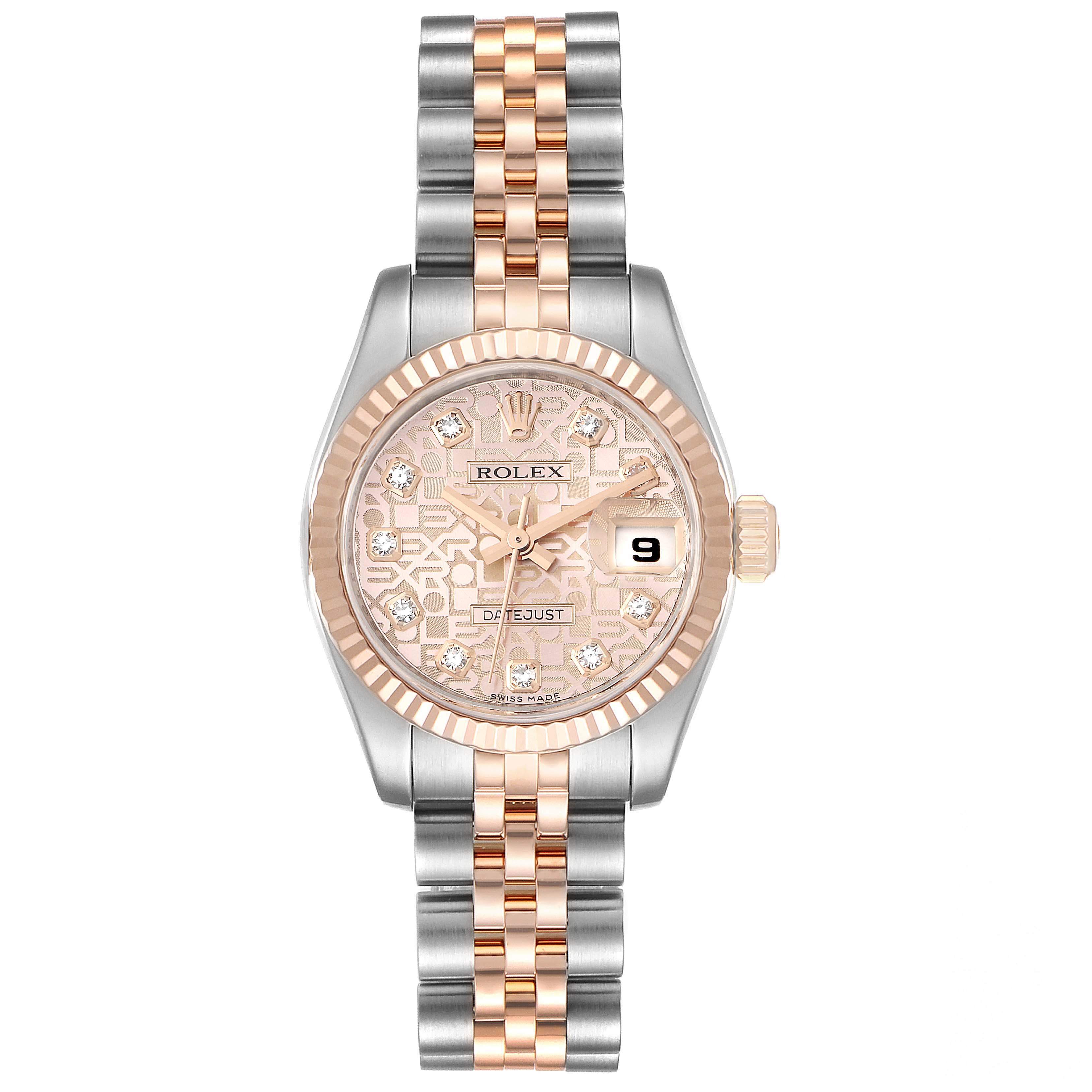 The image shows a front view of a Rolex Datejust 179171 Women's Rose Gold Pink Dial 179171 Women's Rose Gold Pink Dial watch, highlighting the face, bezel, crown, and Jubilee bracelet.