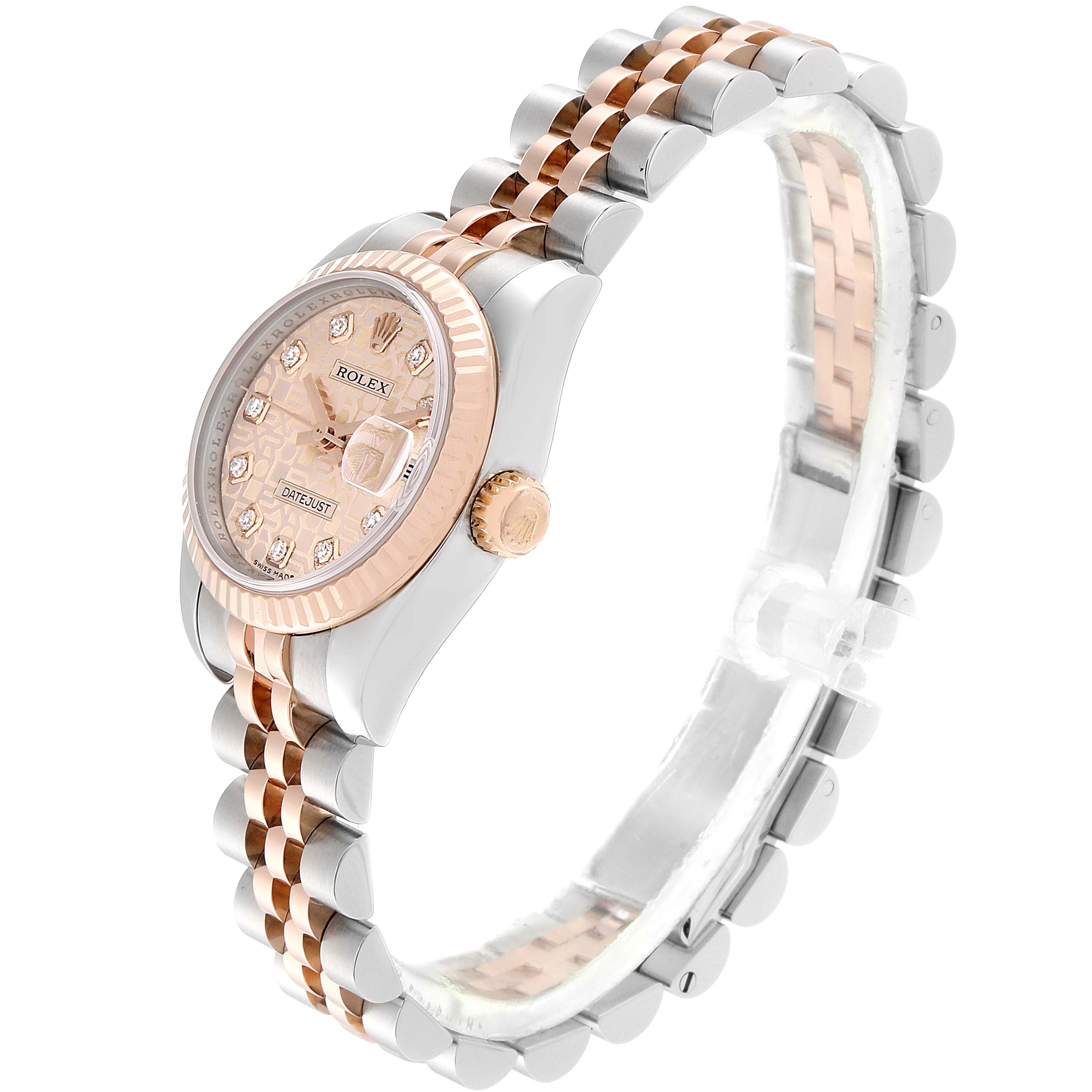 The image shows a side angle of a Rolex Datejust 179171 Women's Rose Gold Pink Dial 179171 Women's Rose Gold Pink Dial watch, displaying the dial, bezel, crown, and two-tone bracelet.
