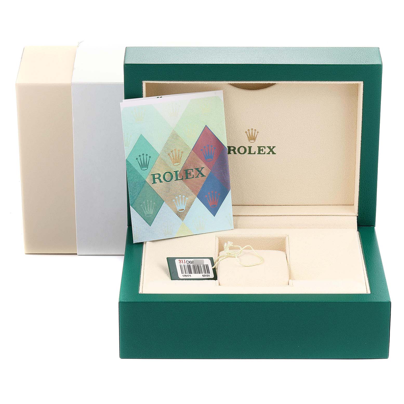 The image shows a Rolex Datejust 179171 Women's Rose Gold Pink Dial 179171 Women's Rose Gold Pink Dial watch box, along with a booklet and tags, from a front angle.